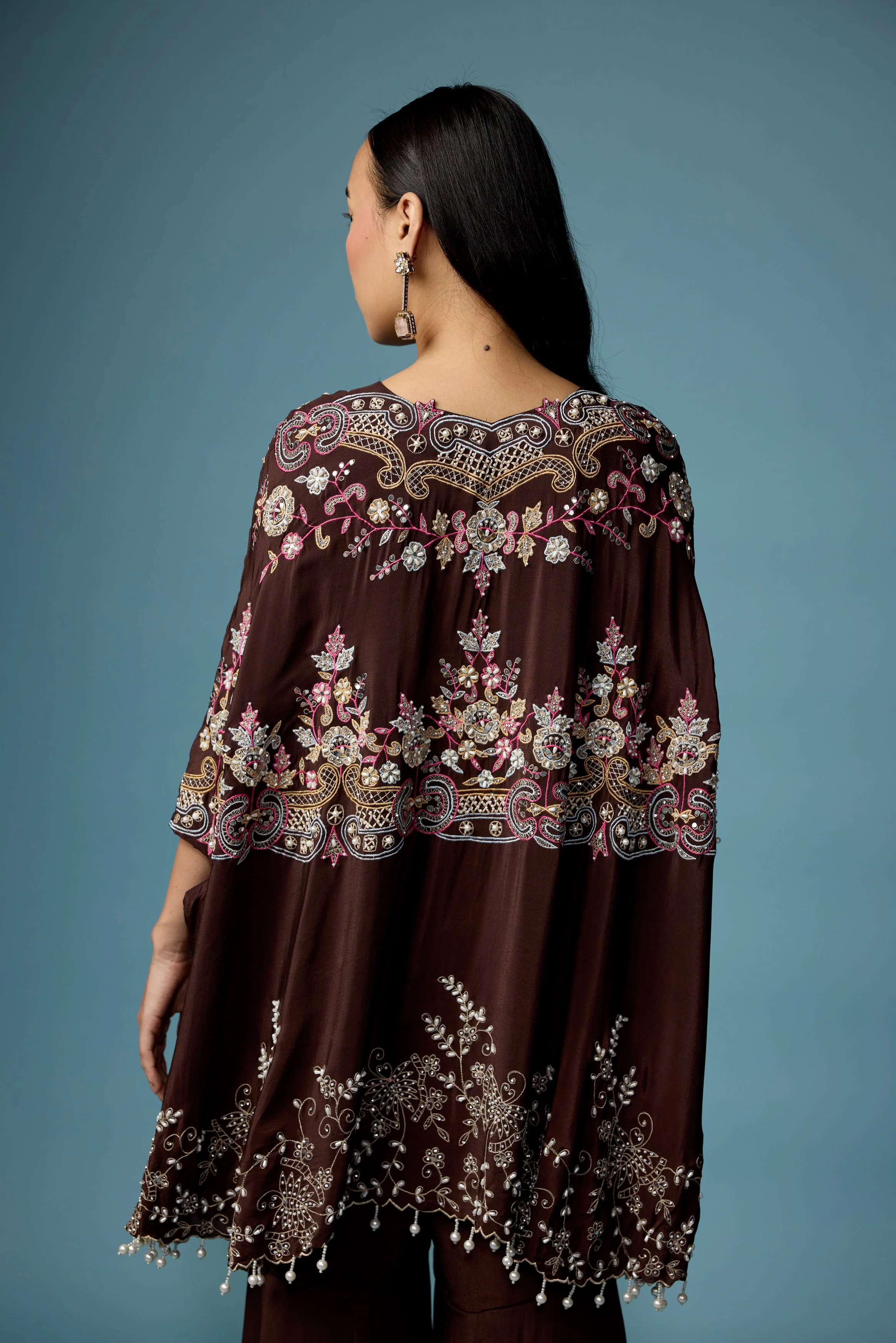 Dark Brown Embellished Silk Kaftan Set - Image 6
