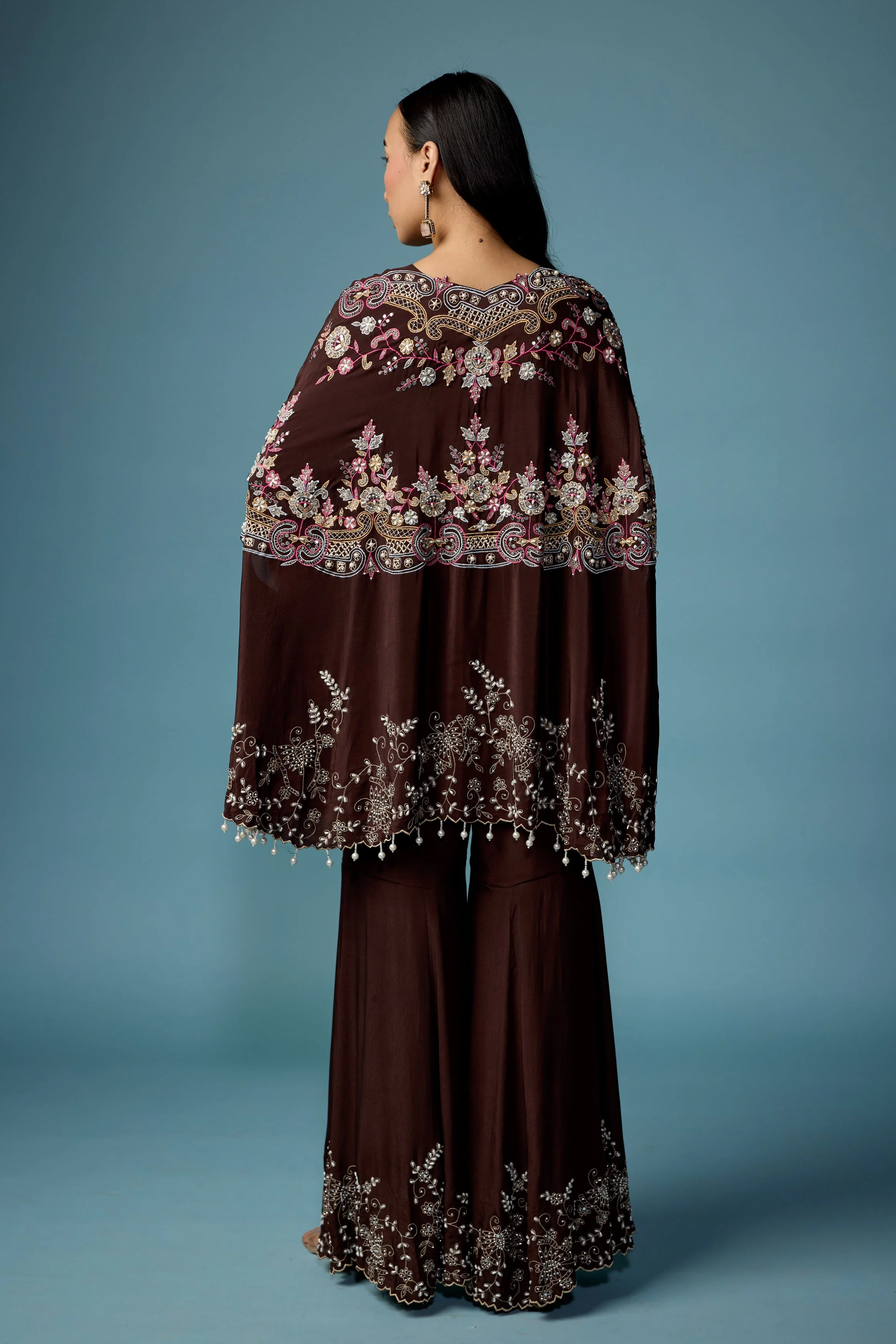 Dark Brown Embellished Silk Kaftan Set - Image 7