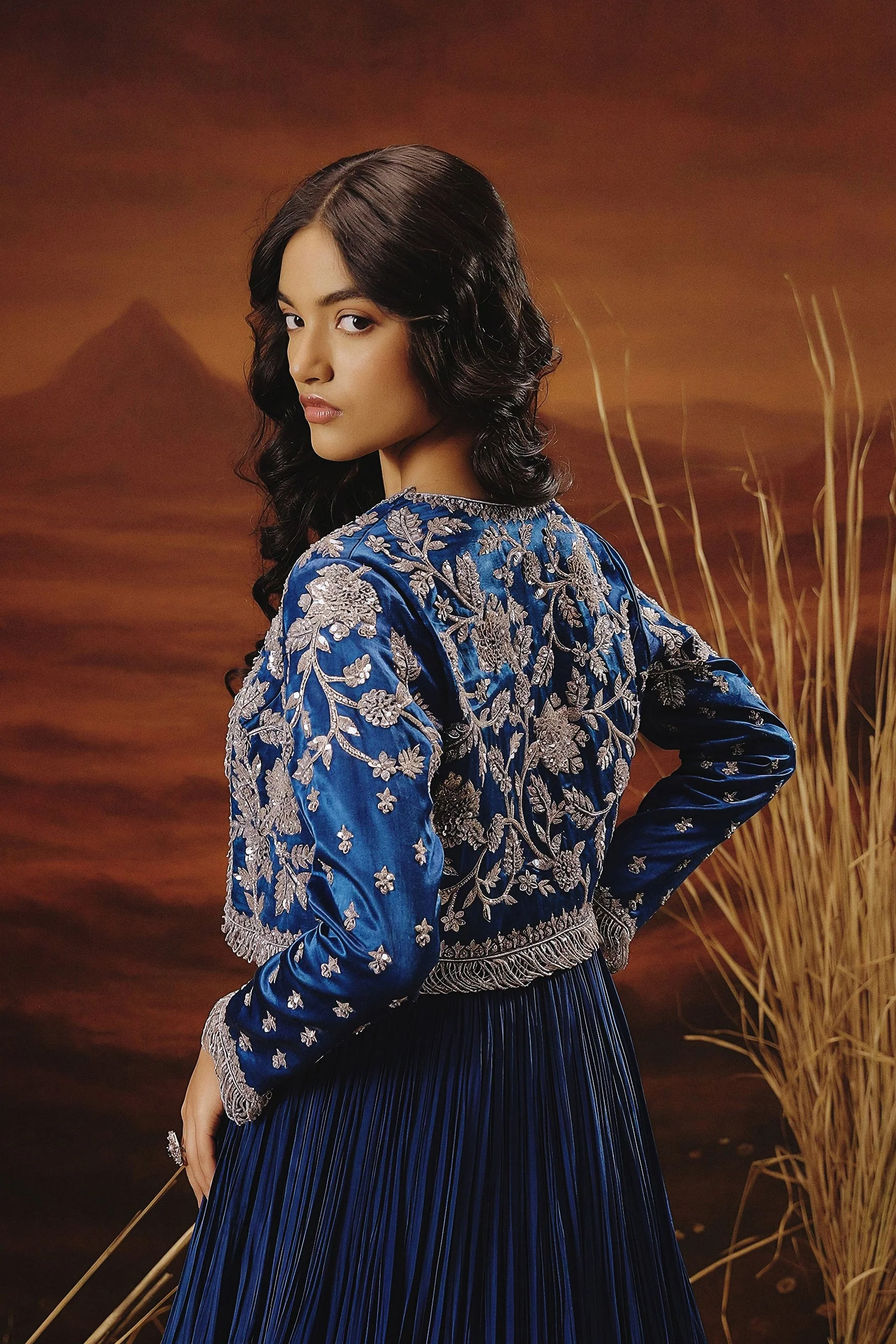 Royal Blue Embellished Premium Jacket Gown Set - Image 3