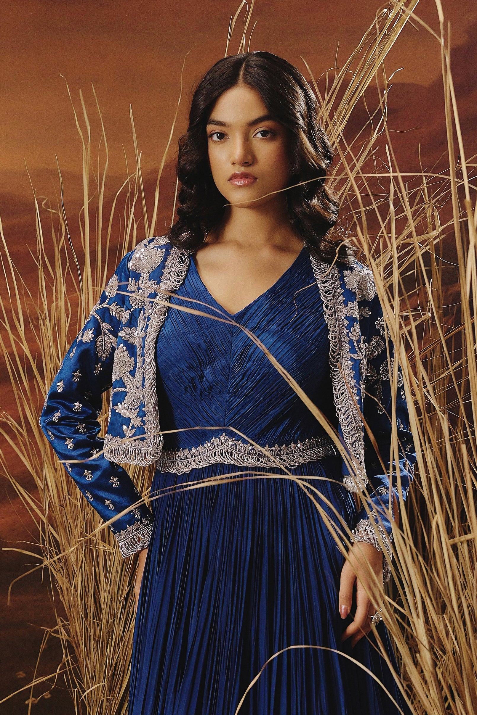 Royal Blue Embellished Premium Jacket Gown Set - Image 4