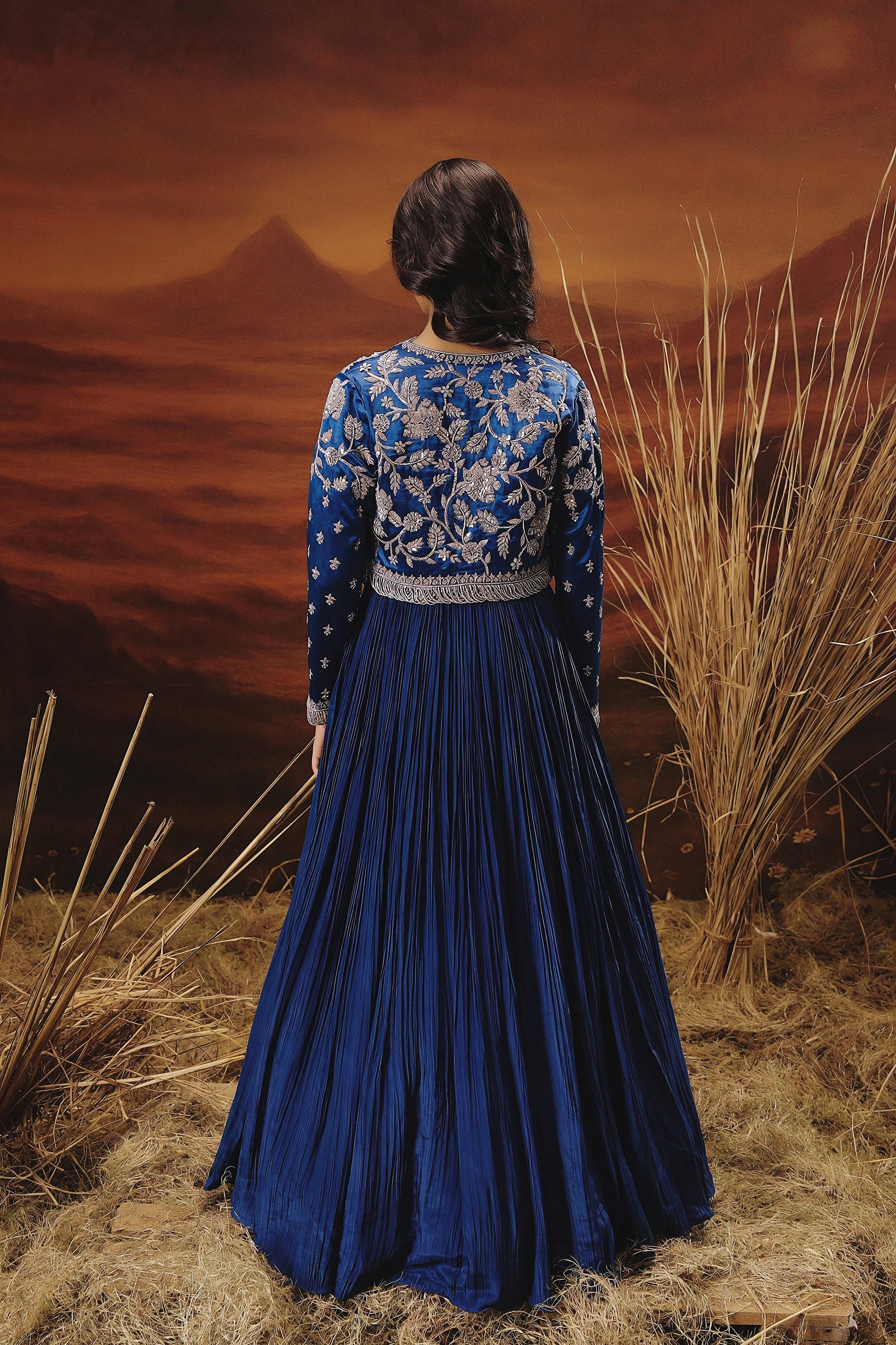 Royal Blue Embellished Premium Jacket Gown Set - Image 7