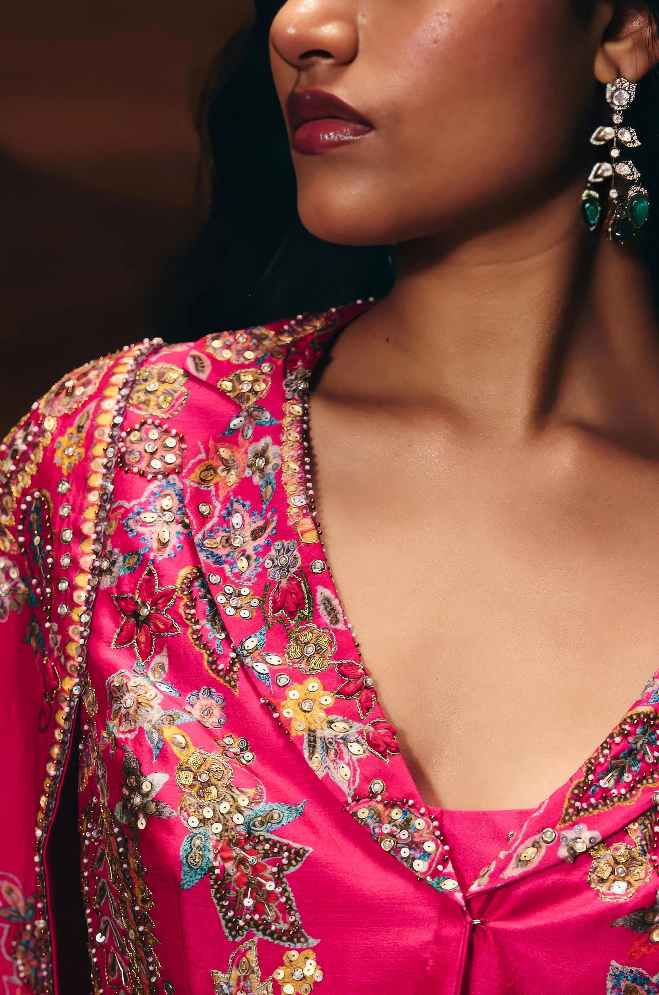 Electric Pink Embellished Chinon Silk Skirt Set - Image 2