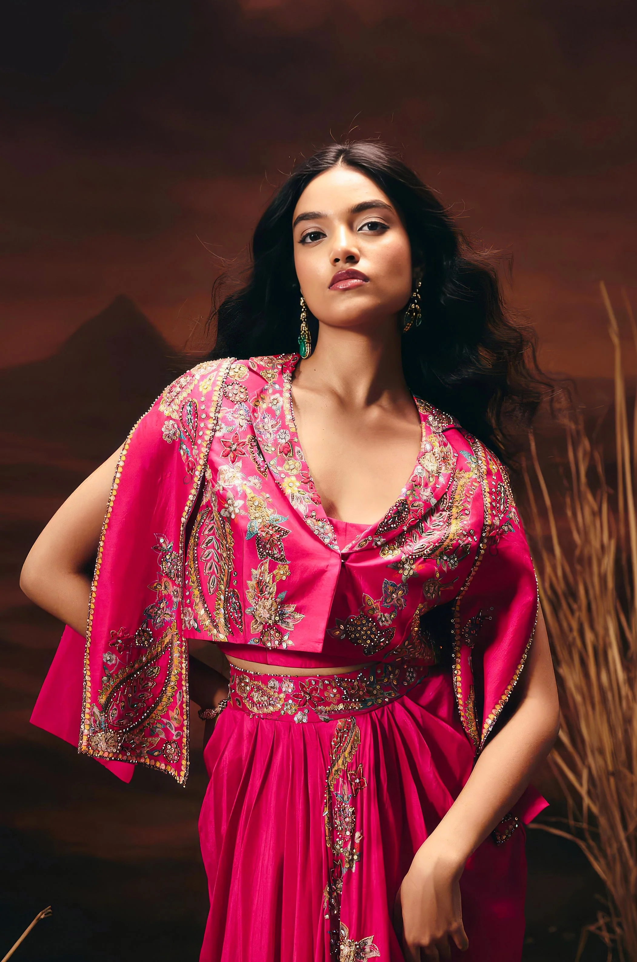 Electric Pink Embellished Chinon Silk Skirt Set - Image 3
