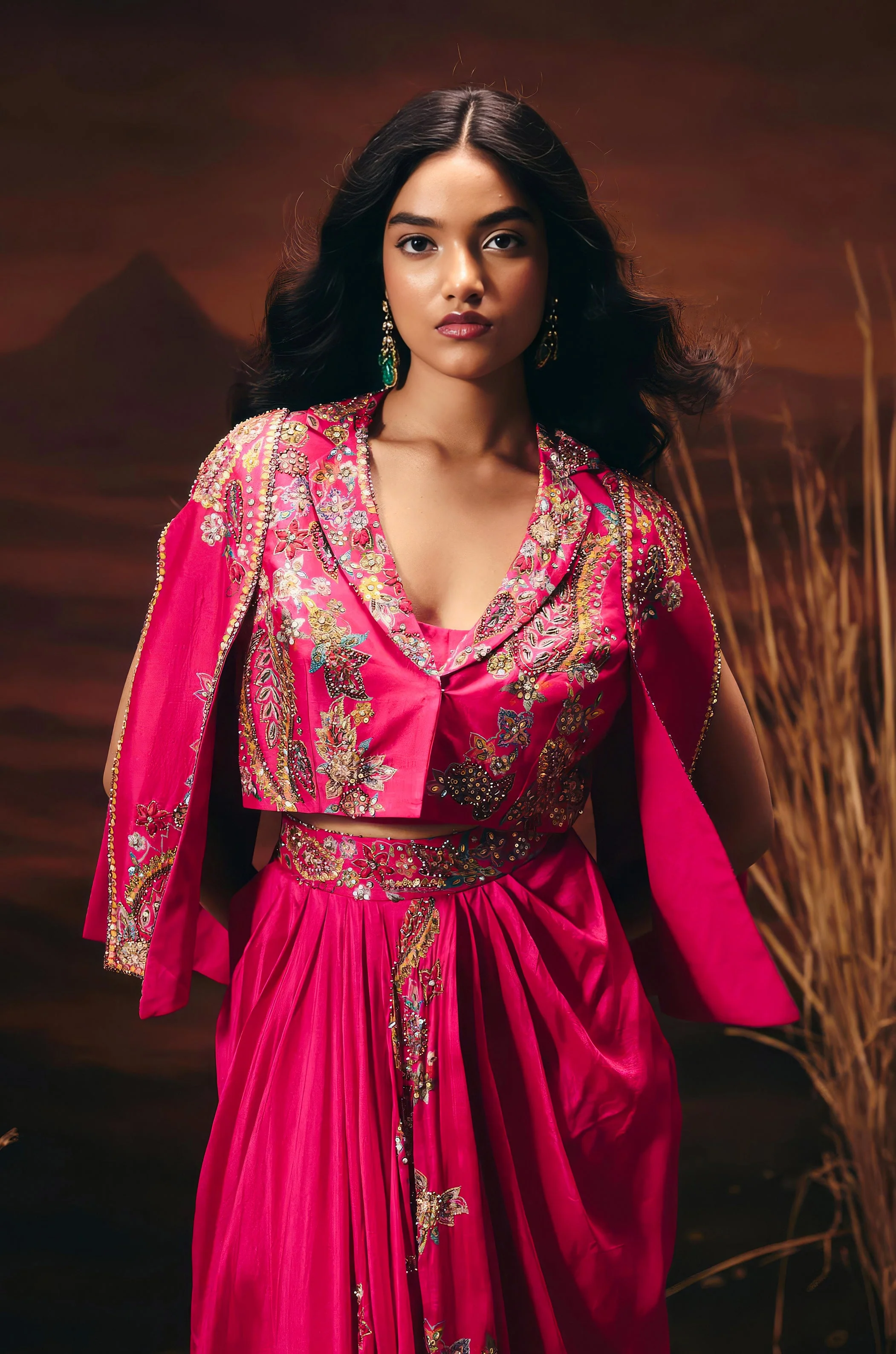 Electric Pink Embellished Chinon Silk Skirt Set - Image 4