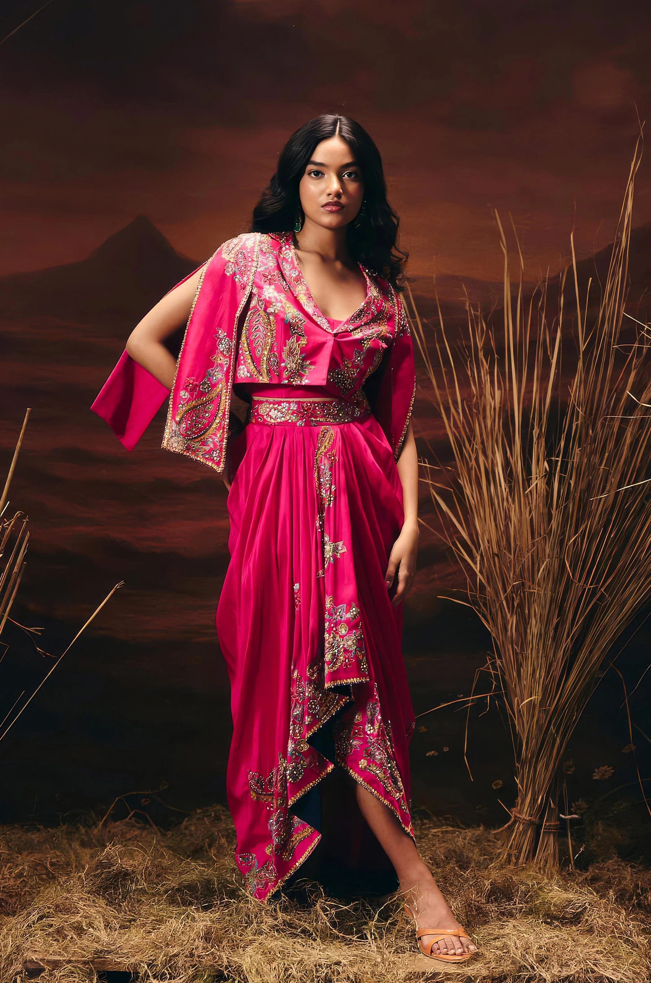 Electric Pink Embellished Chinon Silk Skirt Set - Image 5