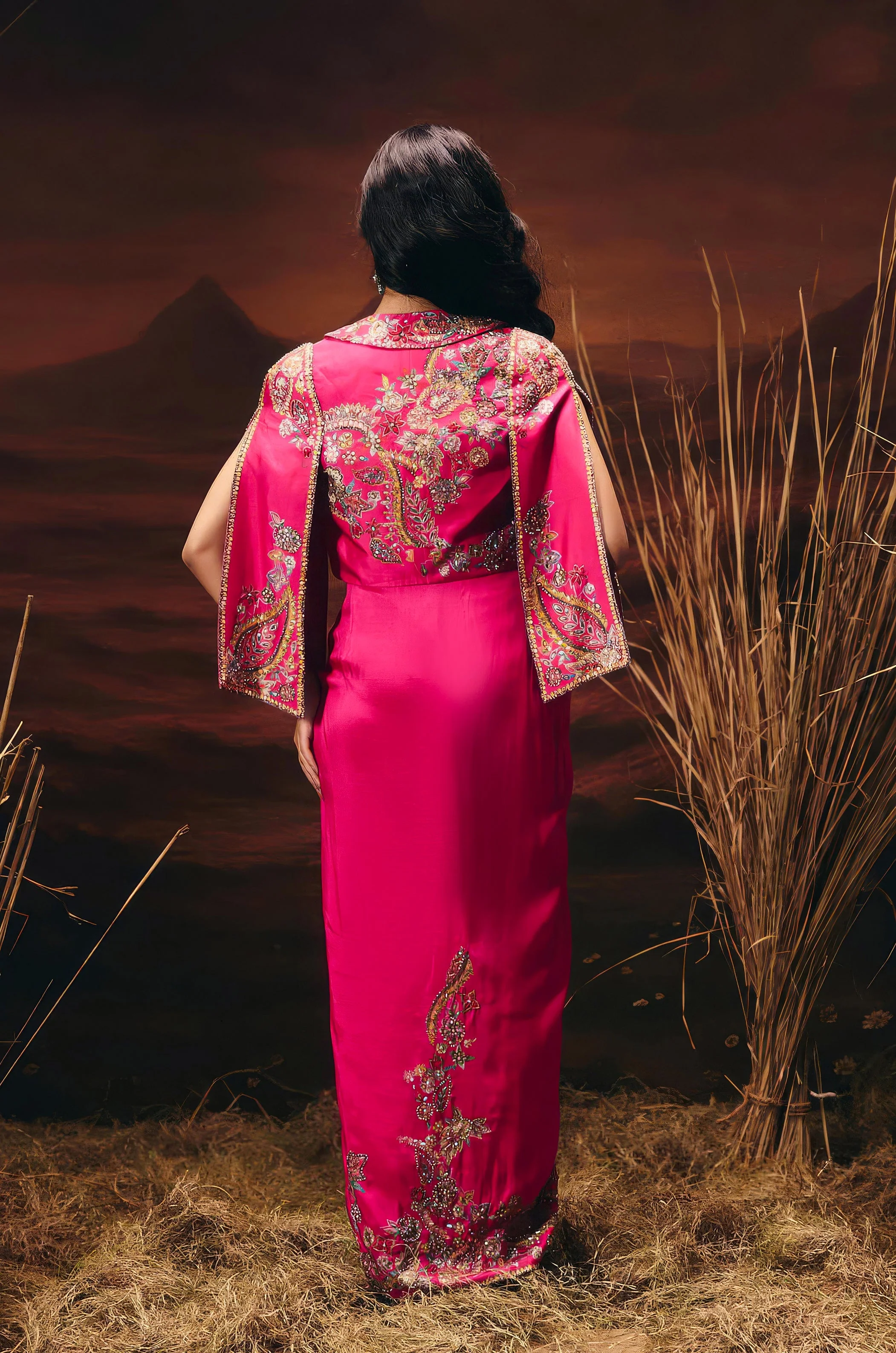 Electric Pink Embellished Chinon Silk Skirt Set - Image 6