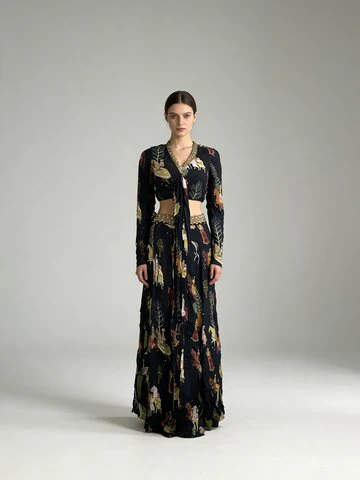 Elegant Black Embellished Chinon Silk Skirt Set