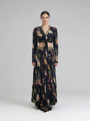 Elegant Black Embellished Chinon Silk Skirt Set - Image 2