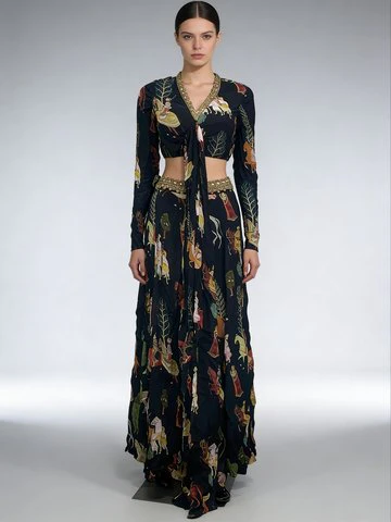 Elegant Black Embellished Chinon Silk Skirt Set - Image 3