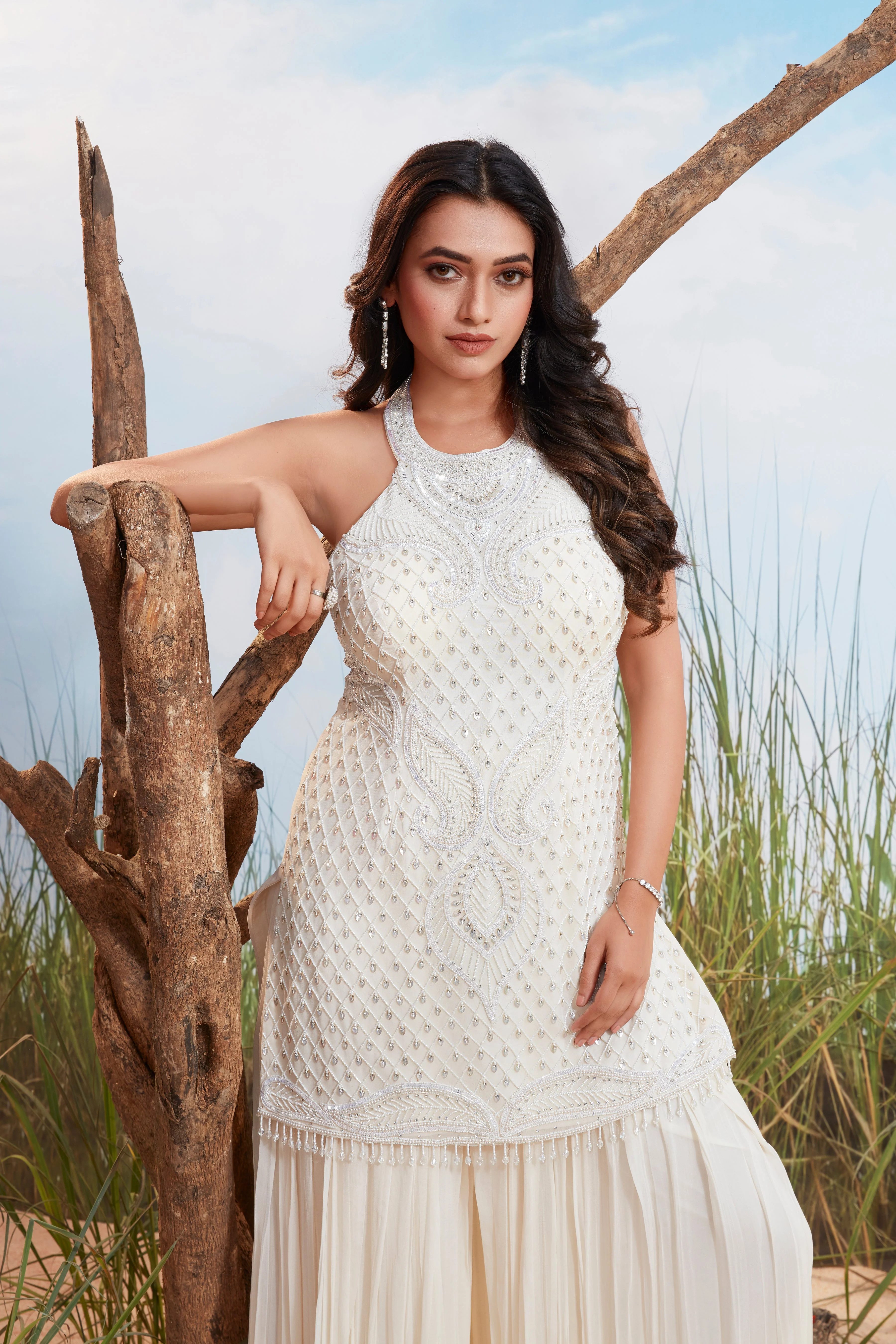 Pearl White Embellished Georgette Silk Palazzo Set - Image 2