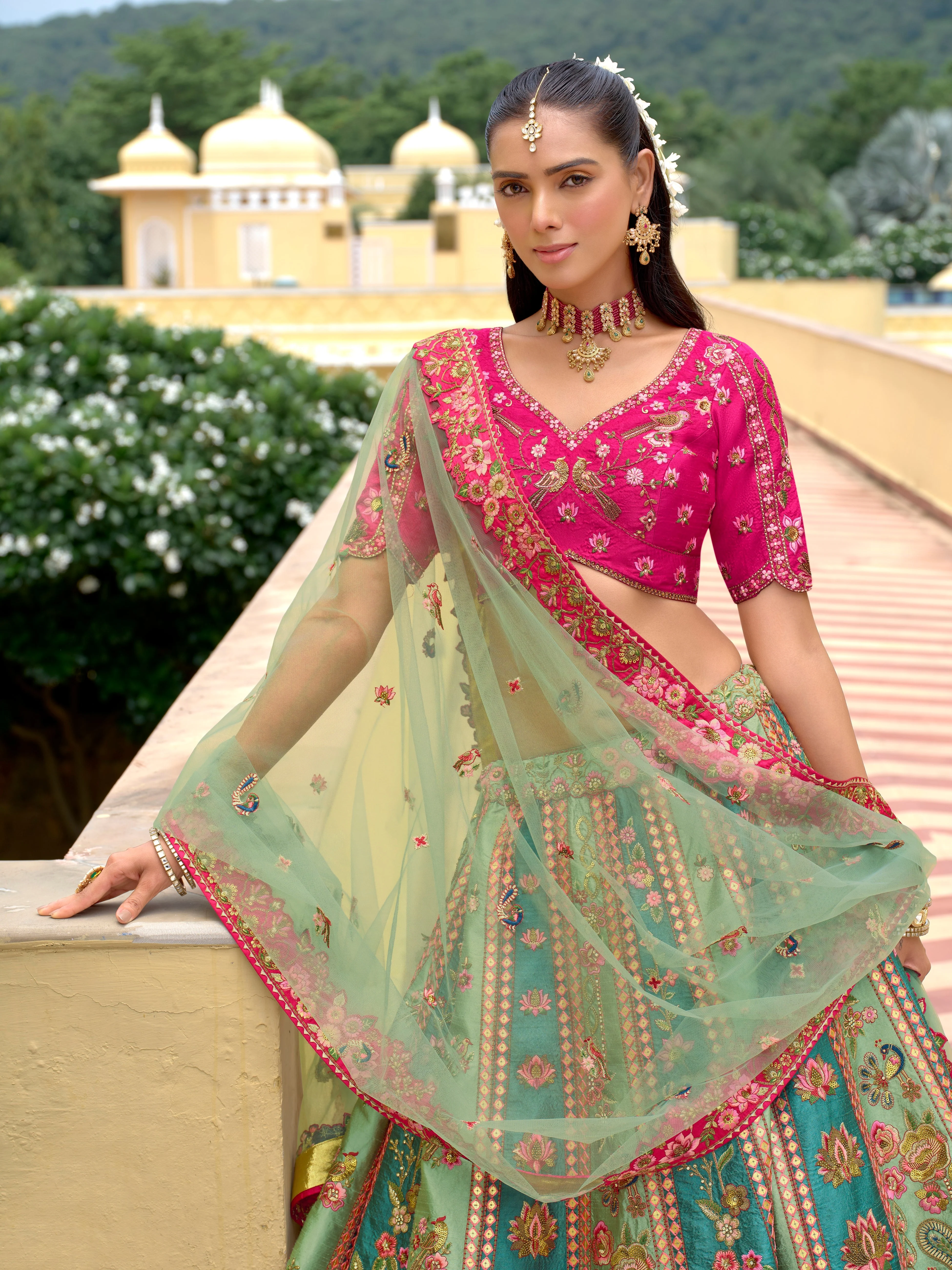 Classic Sage Green Embellished Viscose Satin Lehenga Set - Image 2