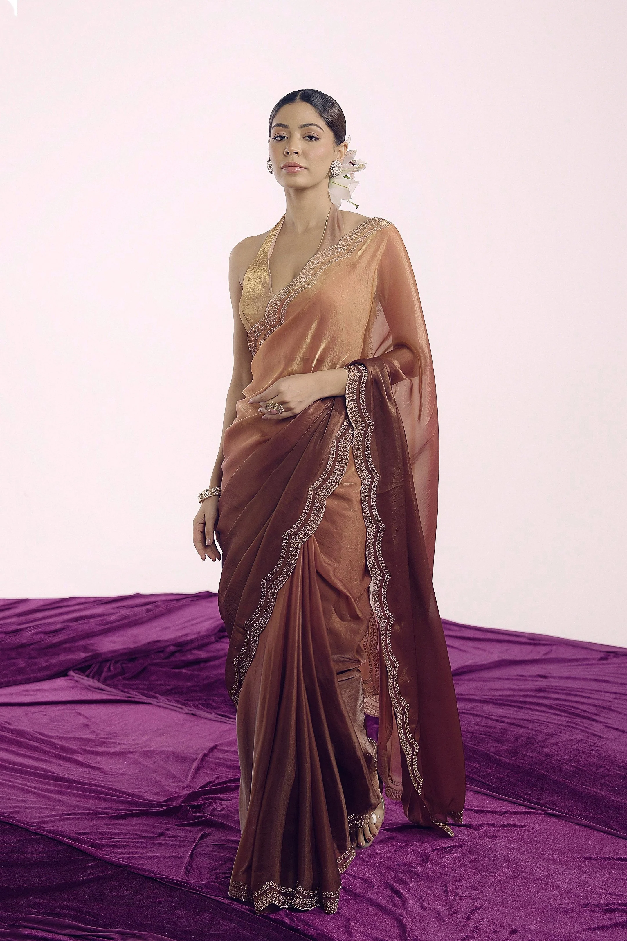 Copper To Rust Ombre Shimmer Tissue Silk Saree - Image 2