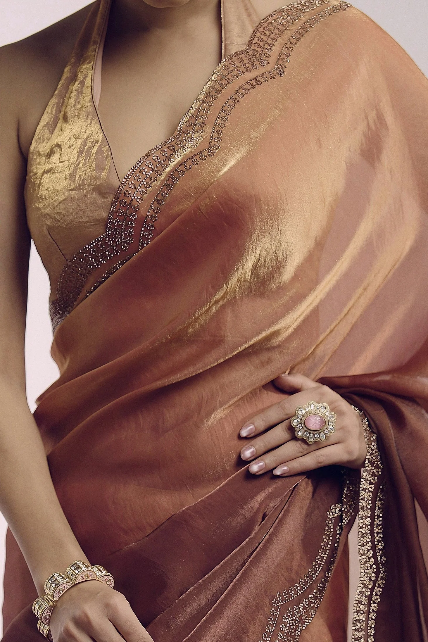 Copper To Rust Ombre Shimmer Tissue Silk Saree - Image 3