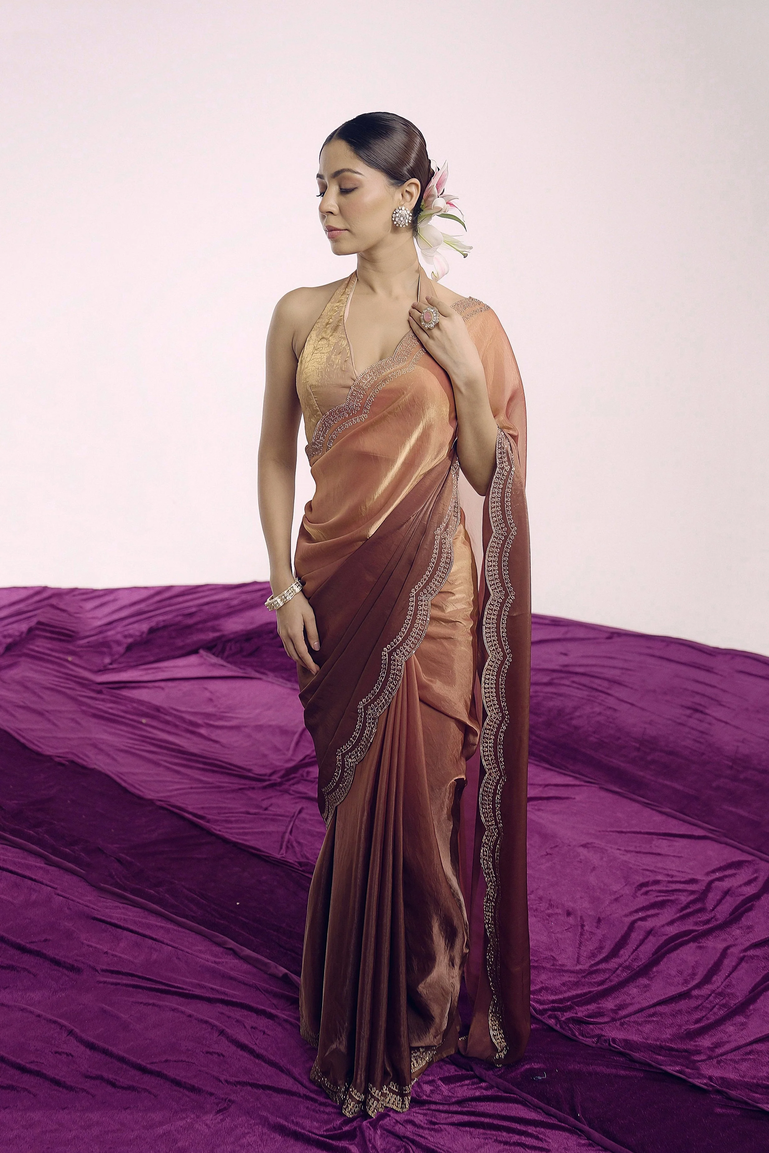 Copper To Rust Ombre Shimmer Tissue Silk Saree - Image 5