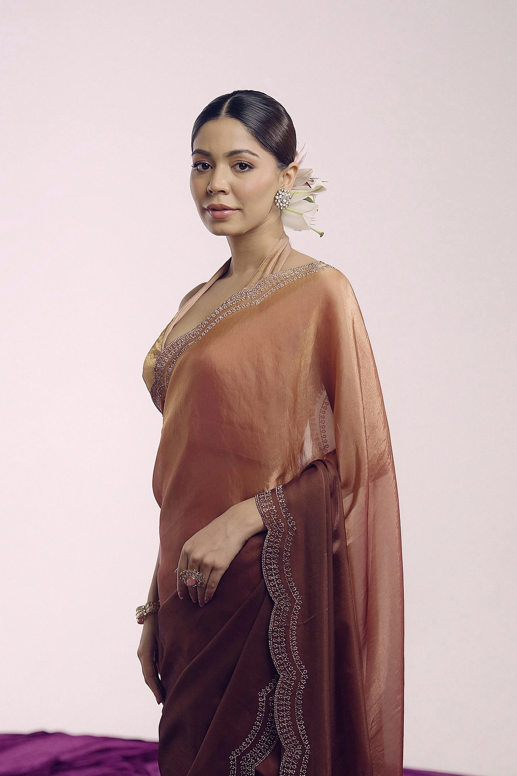 Copper To Rust Ombre Shimmer Tissue Silk Saree - Image 6