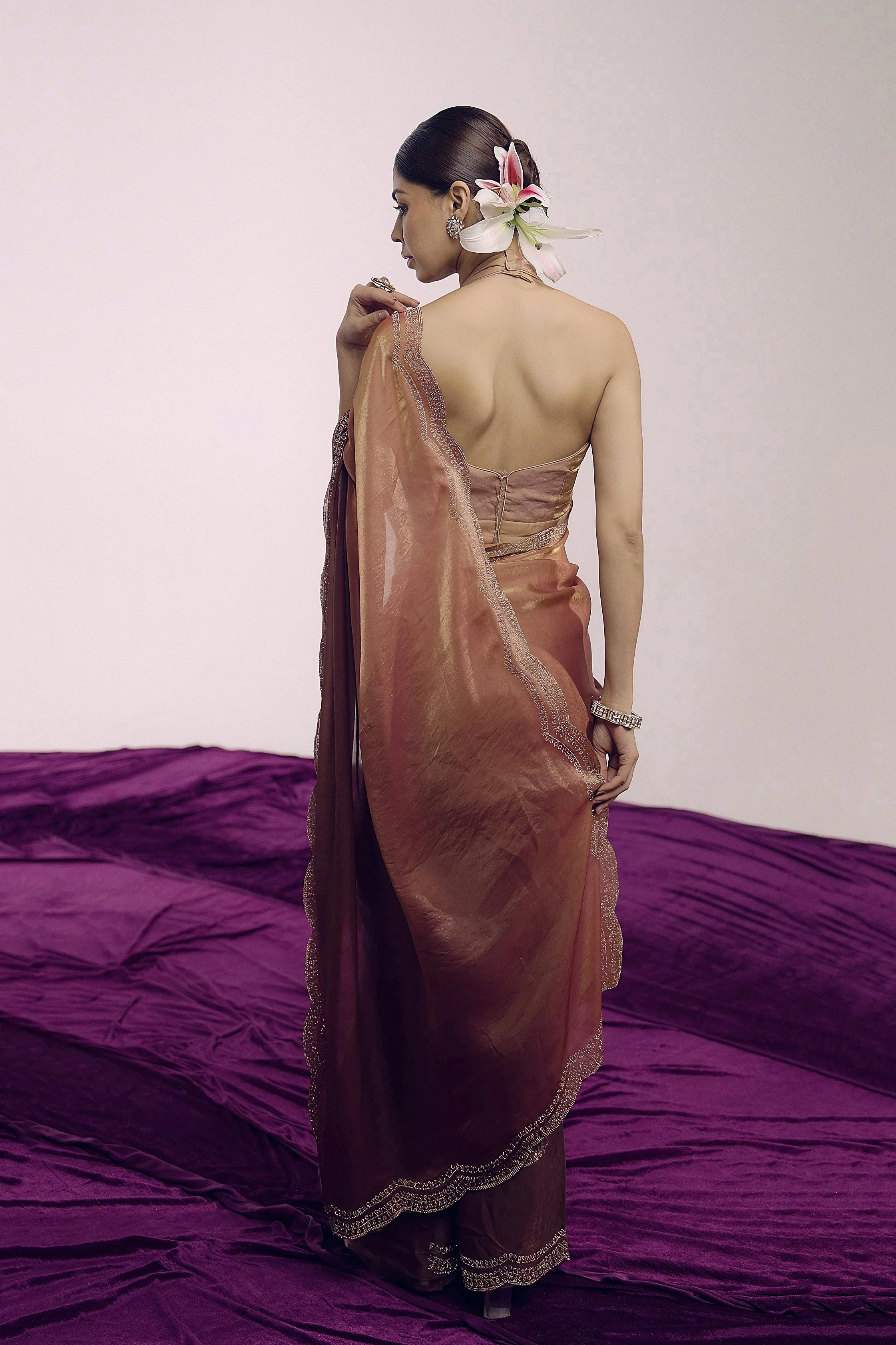 Copper To Rust Ombre Shimmer Tissue Silk Saree - Image 7
