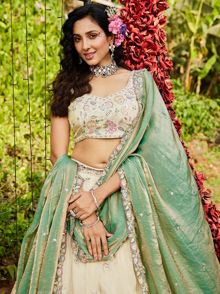 Cream & Green Embellished Shimmer Tissue Silk Lehenga Set - Image 3