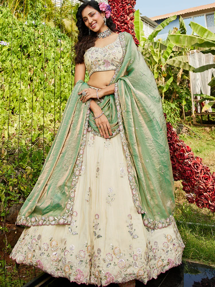Cream & Green Embellished Shimmer Tissue Silk Lehenga Set - Image 4