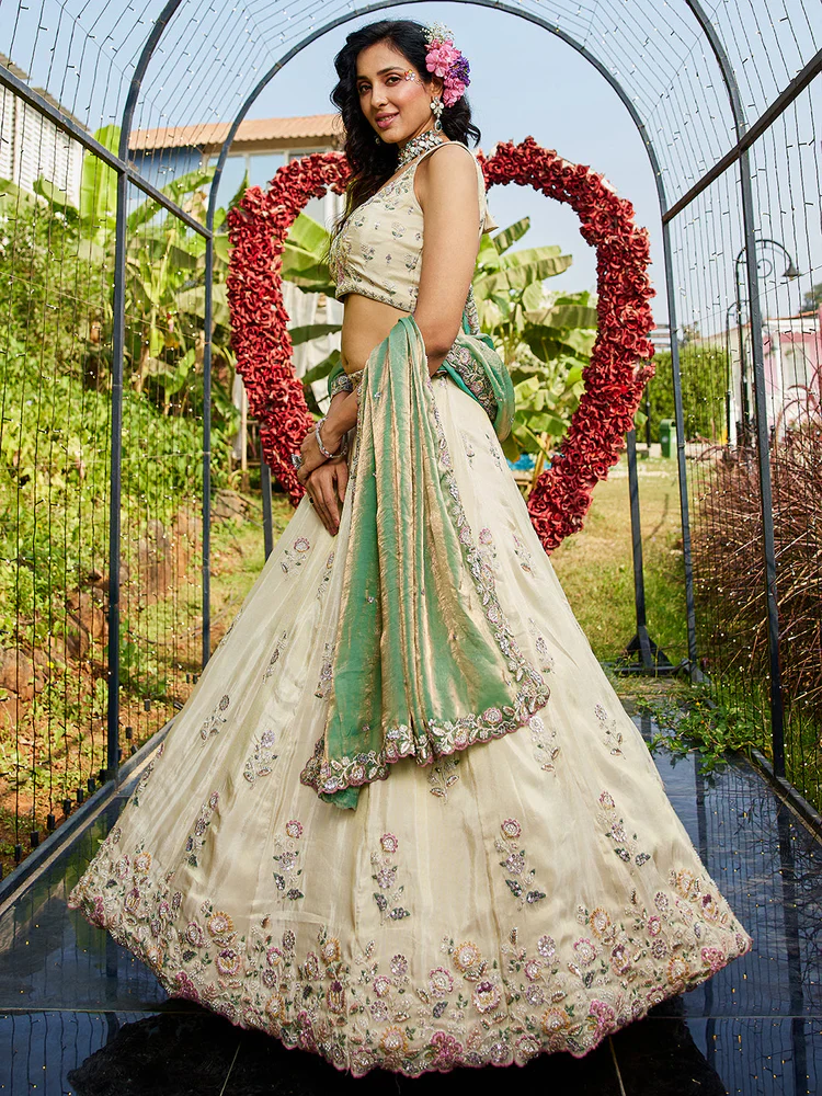 Cream & Green Embellished Shimmer Tissue Silk Lehenga Set - Image 5