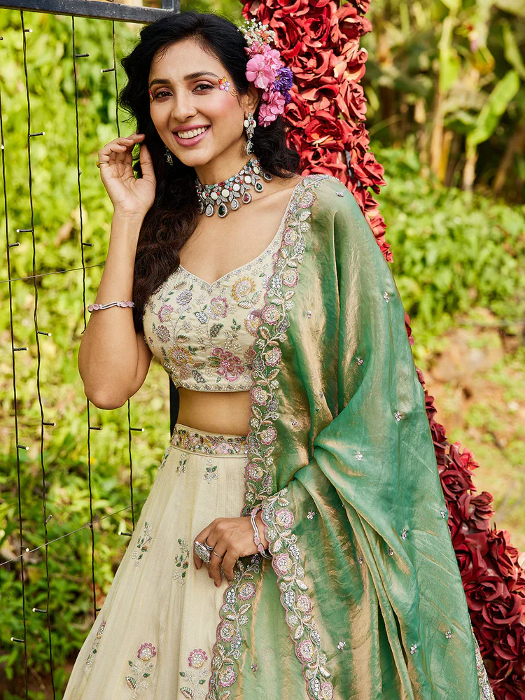 Cream & Green Embellished Shimmer Tissue Silk Lehenga Set - Image 6