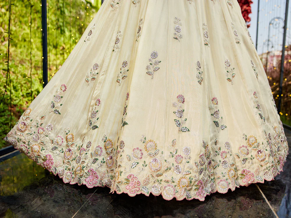 Cream & Green Embellished Shimmer Tissue Silk Lehenga Set - Image 7