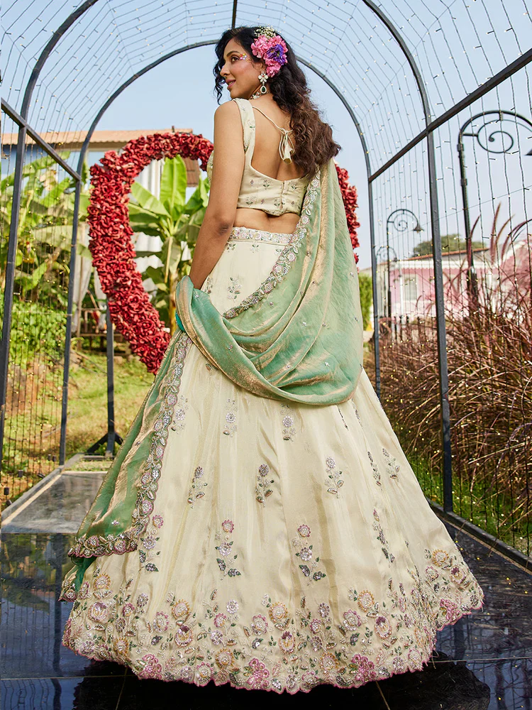 Cream & Green Embellished Shimmer Tissue Silk Lehenga Set - Image 8