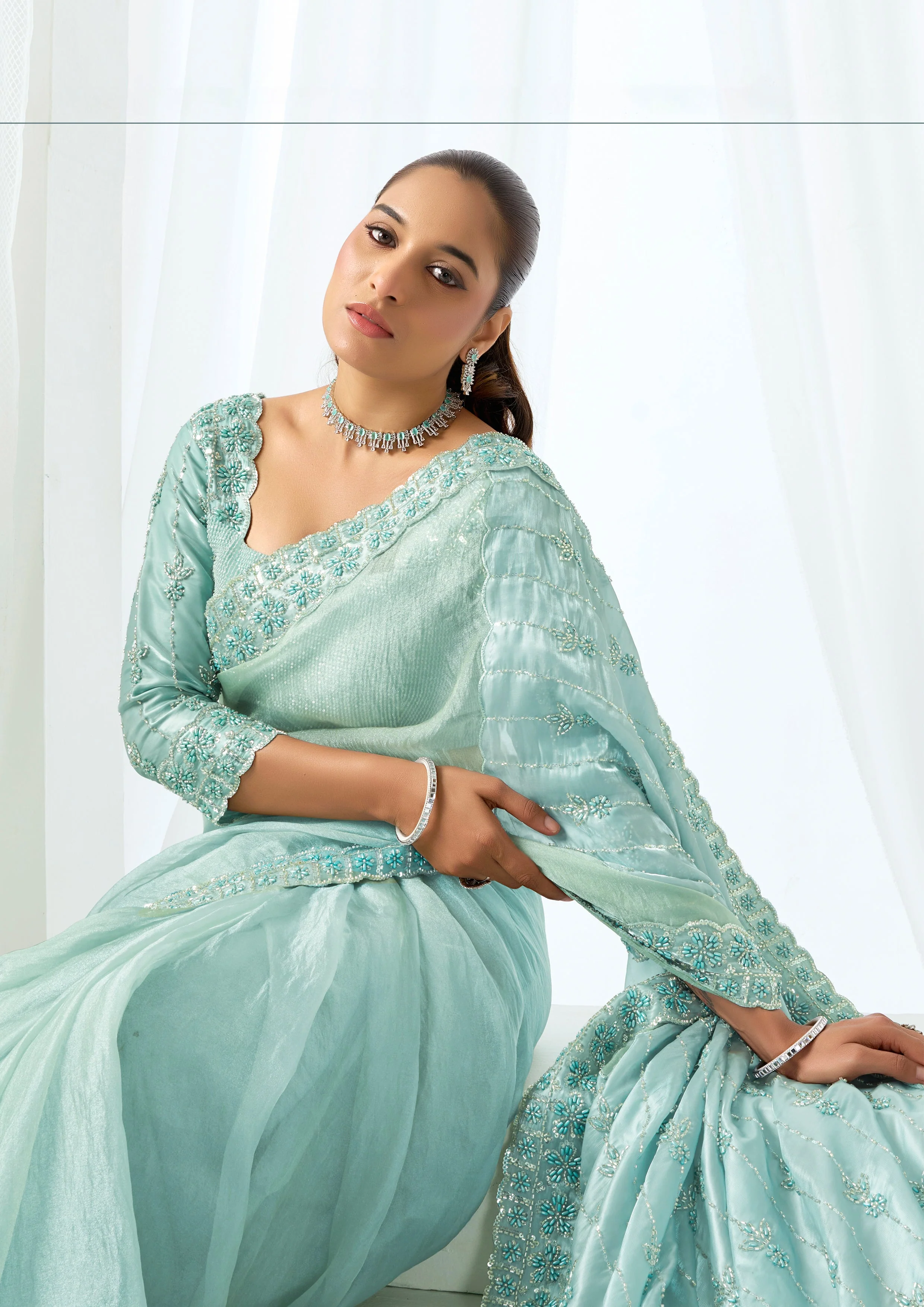 Seafoam Pearl Embellished Organza Satin Saree - Image 3