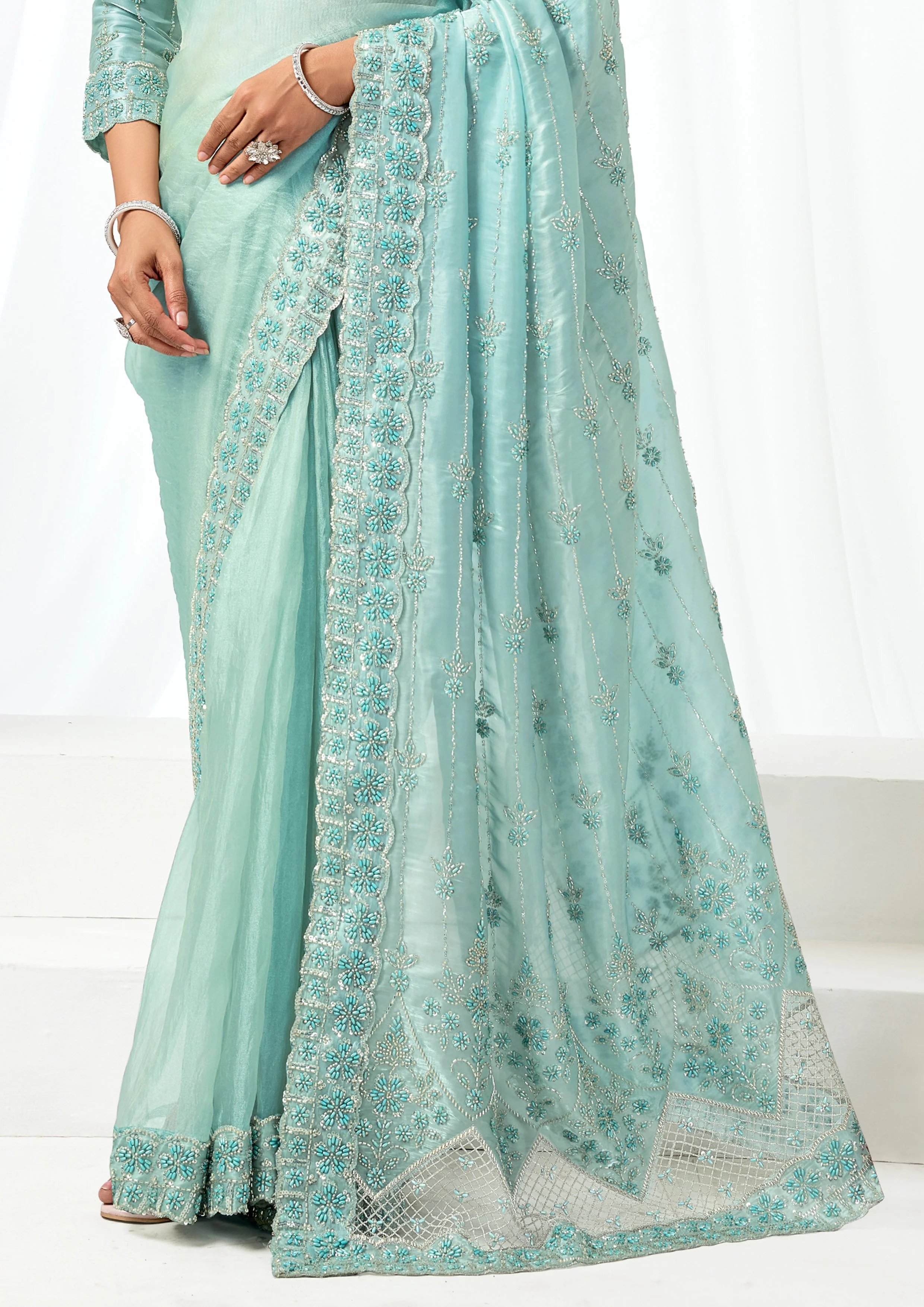 Seafoam Pearl Embellished Organza Satin Saree - Image 4