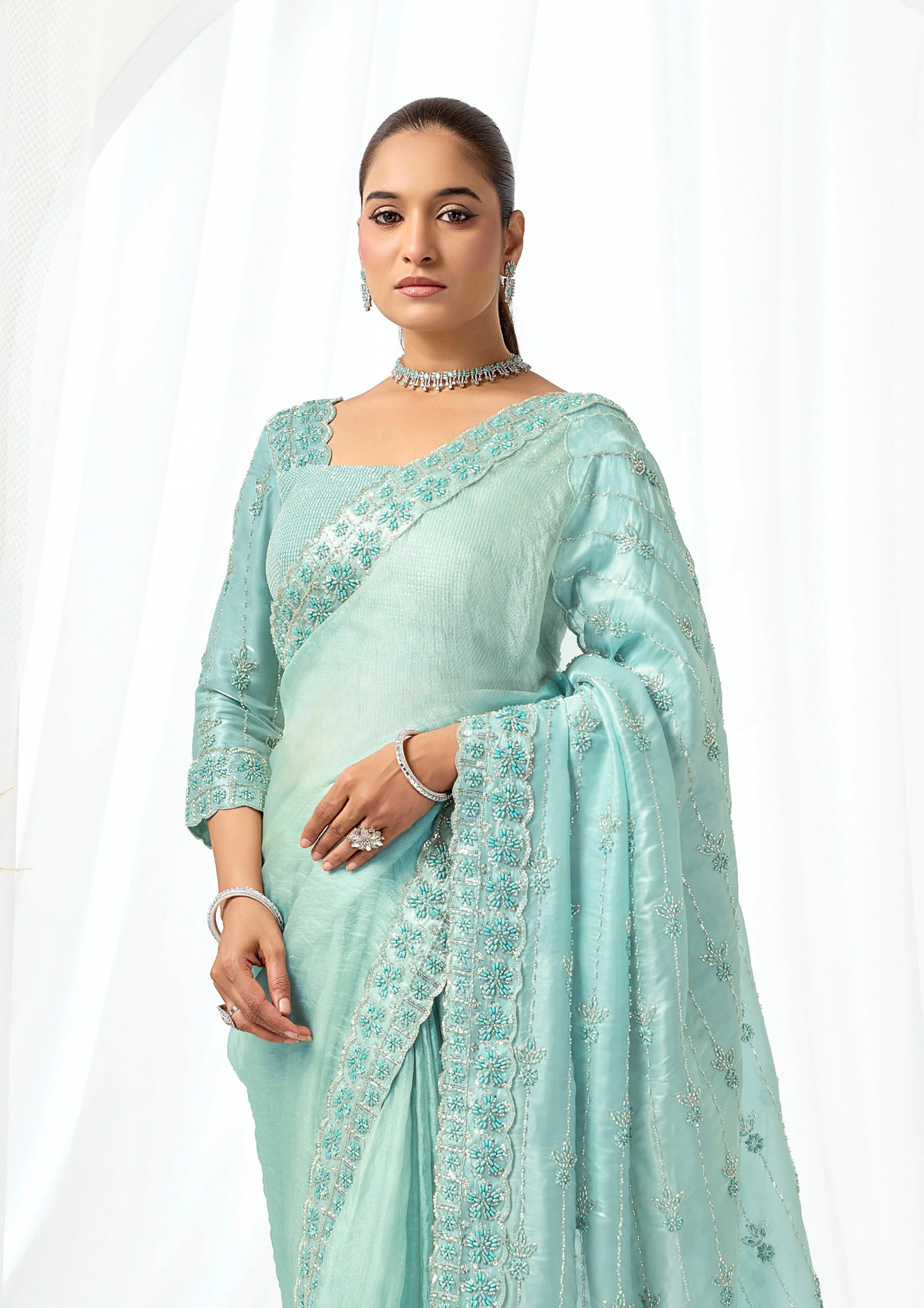 Seafoam Pearl Embellished Organza Satin Saree - Image 5