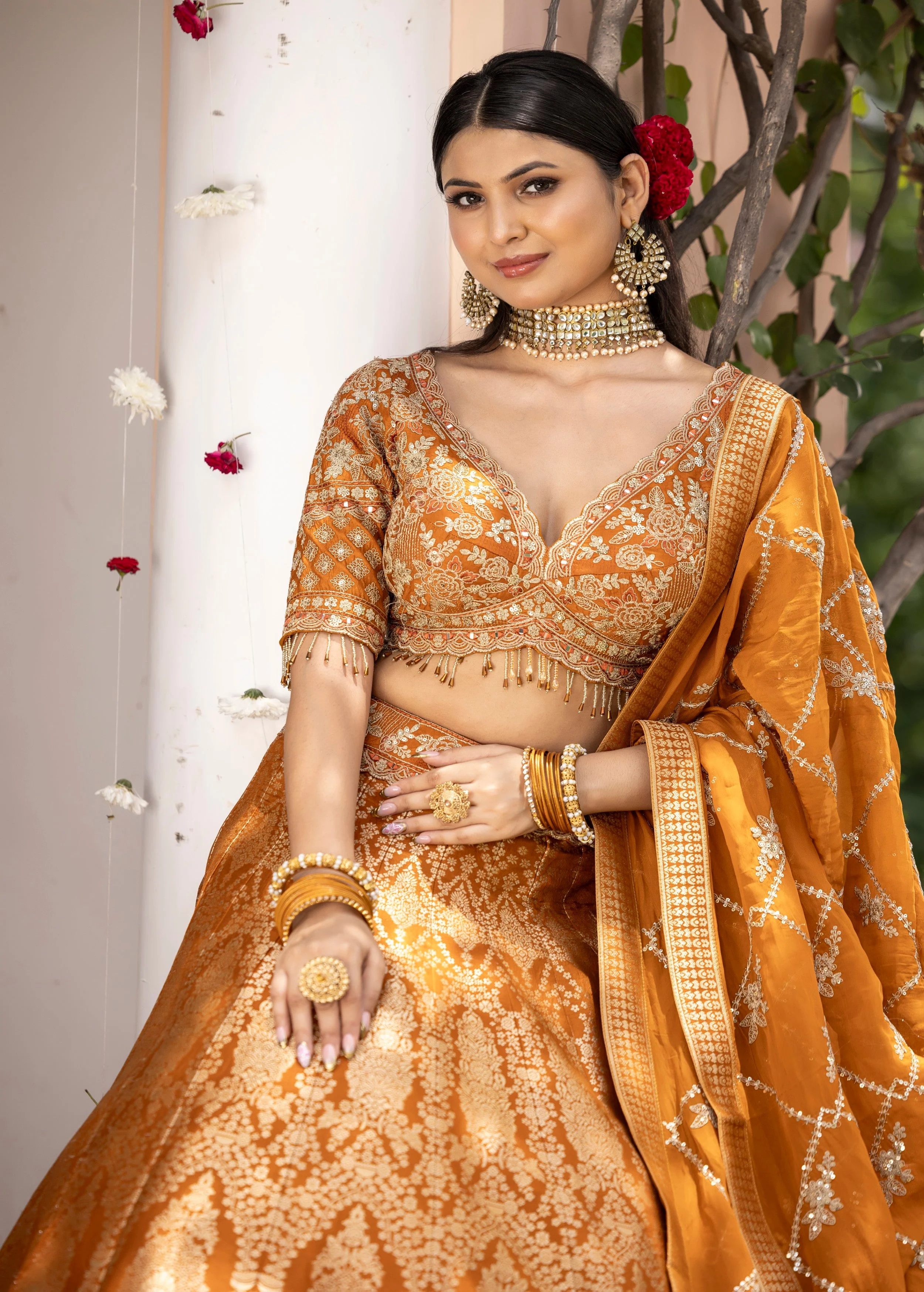 Rust Orange Embellished Banarasi Silk Lehenga Set - Image 2