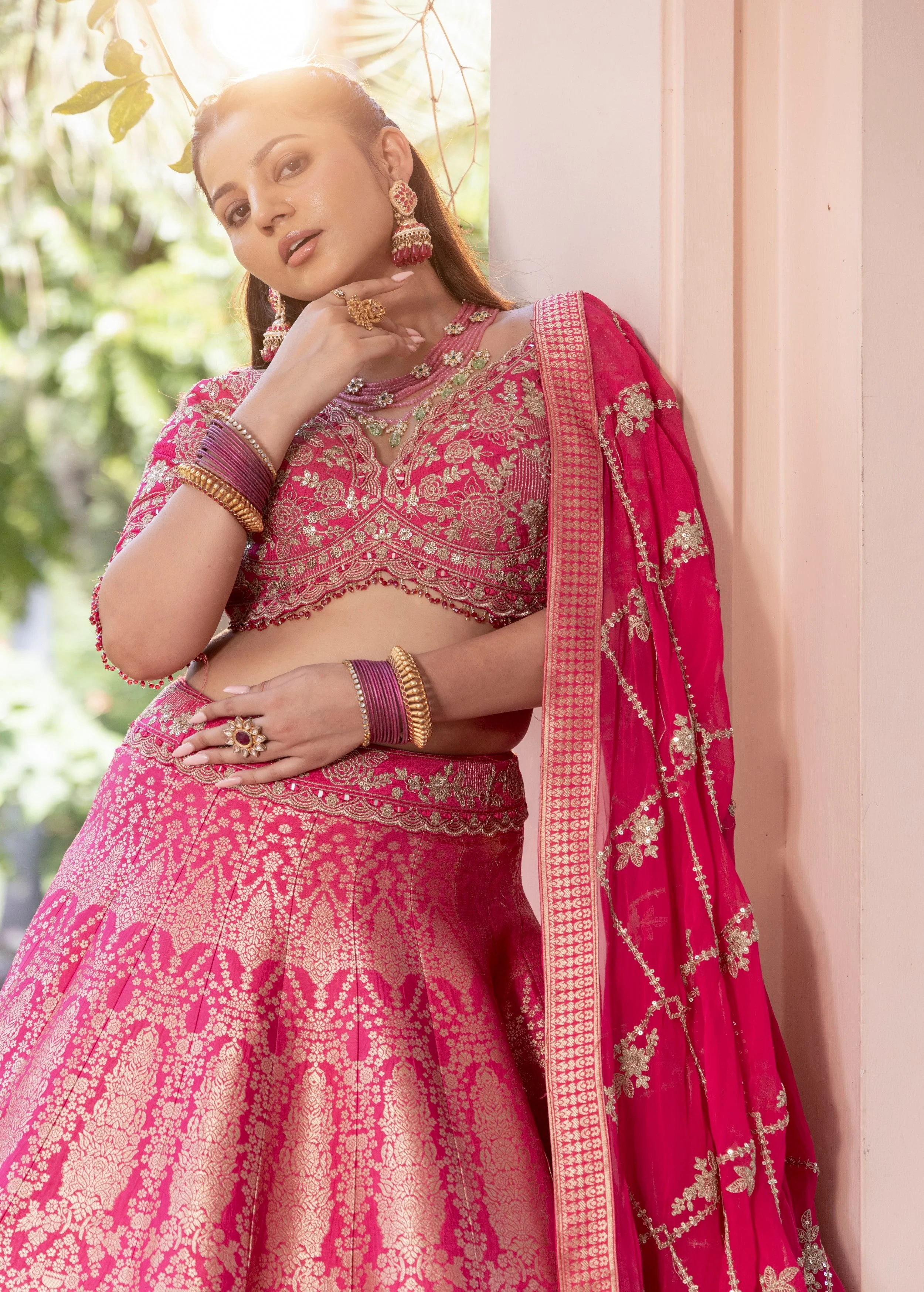 Rani Pink Embellished Banarasi Silk Lehenga Set - Image 2