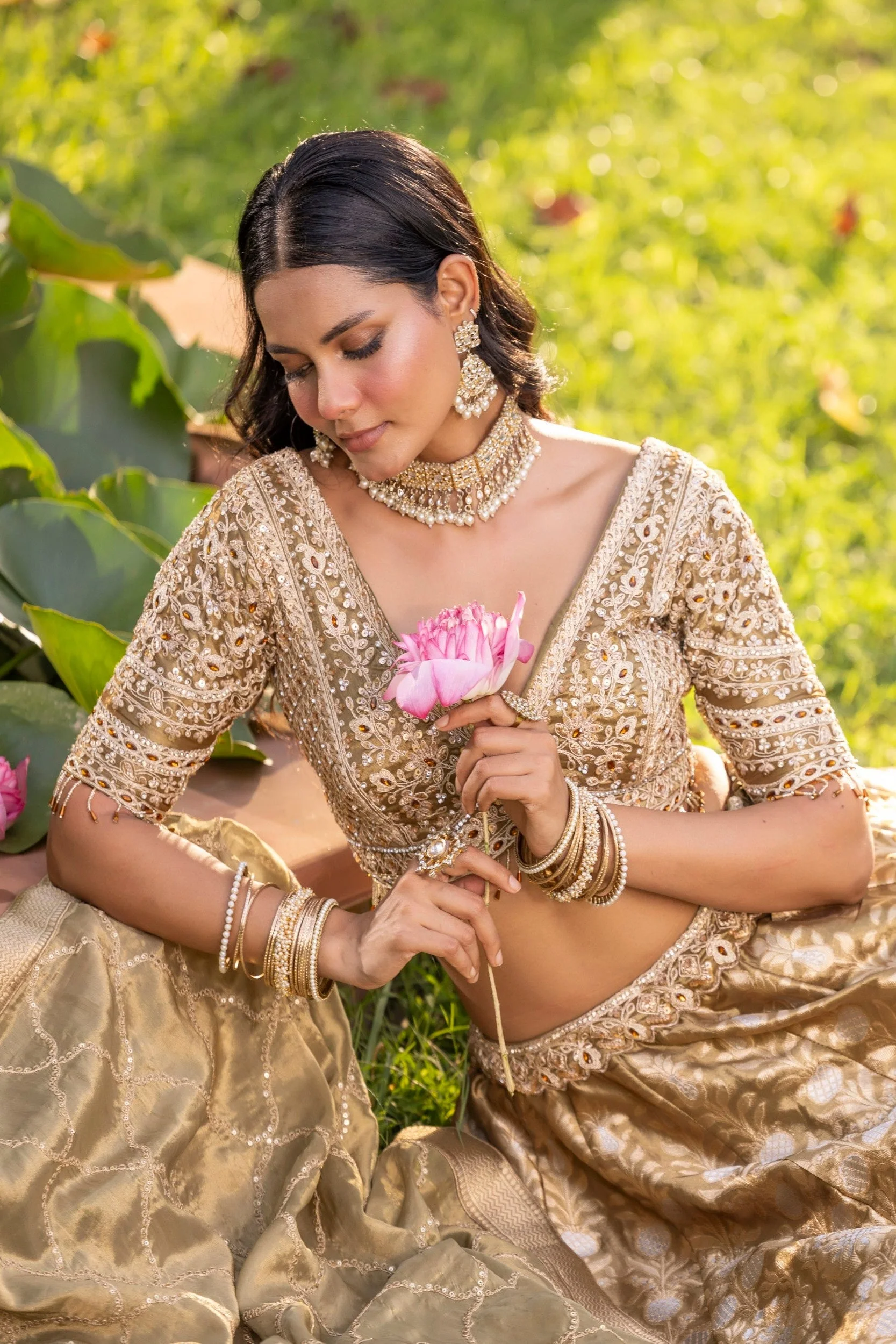 Warm Gold Embellished Banarasi Silk Lehenga Set - Image 2
