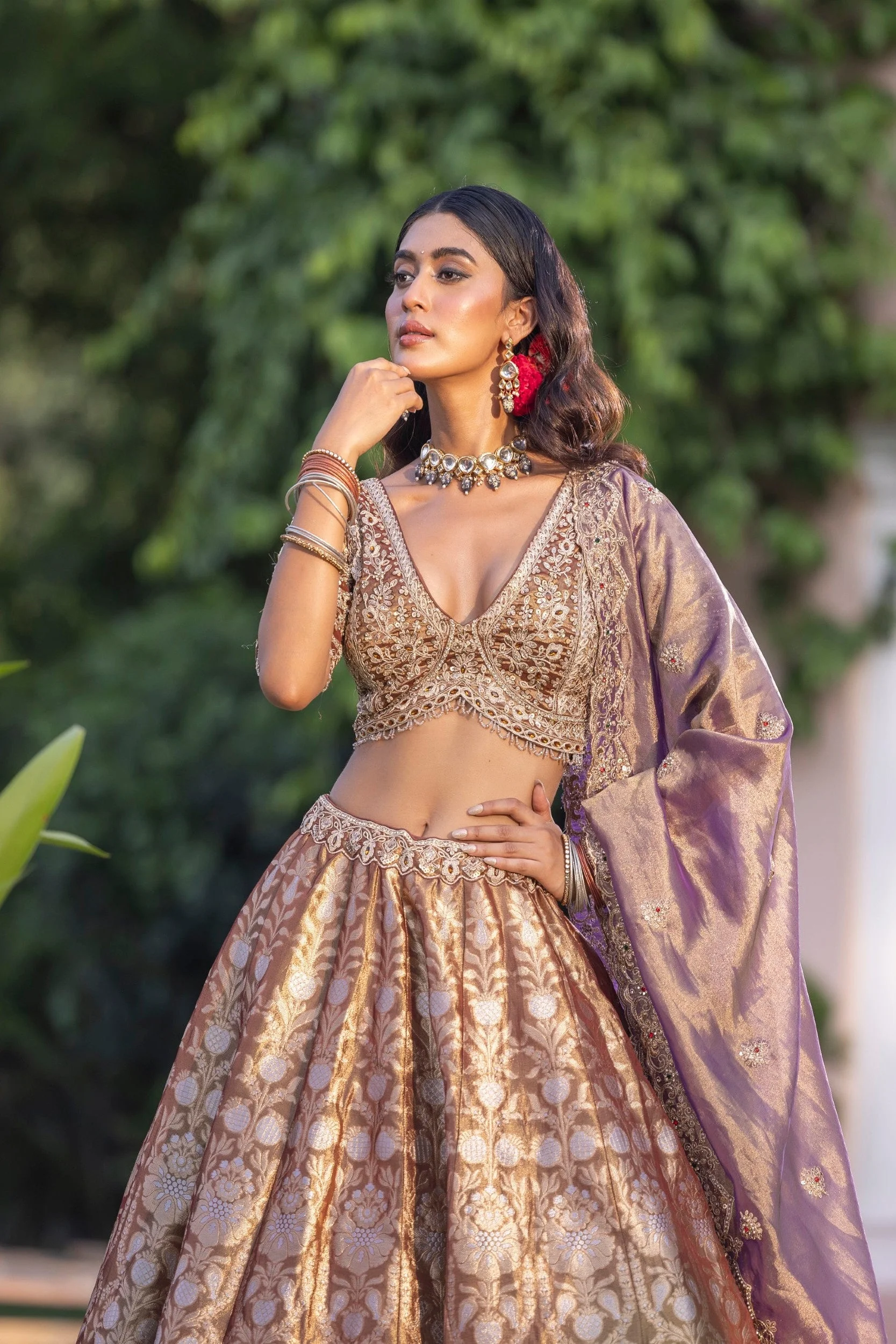 Lavender Gold Embellished Banarasi Silk Lehenga Set - Image 2
