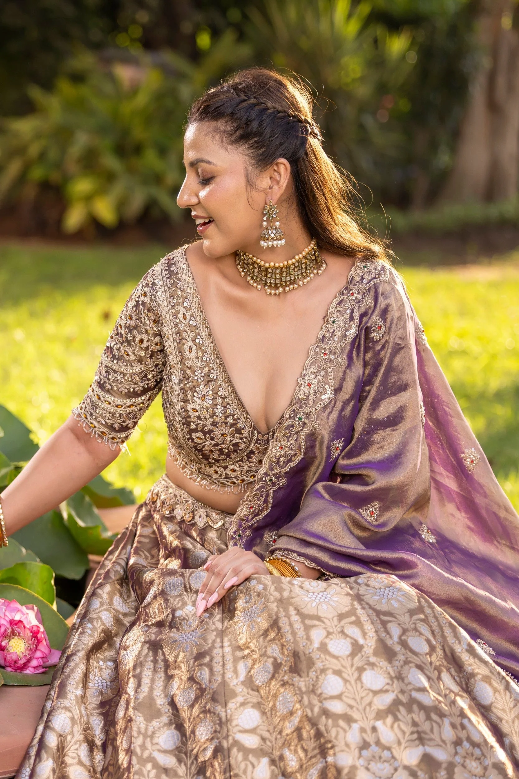 Lavender Embellished Banarasi Silk Lehenga Set - Image 2