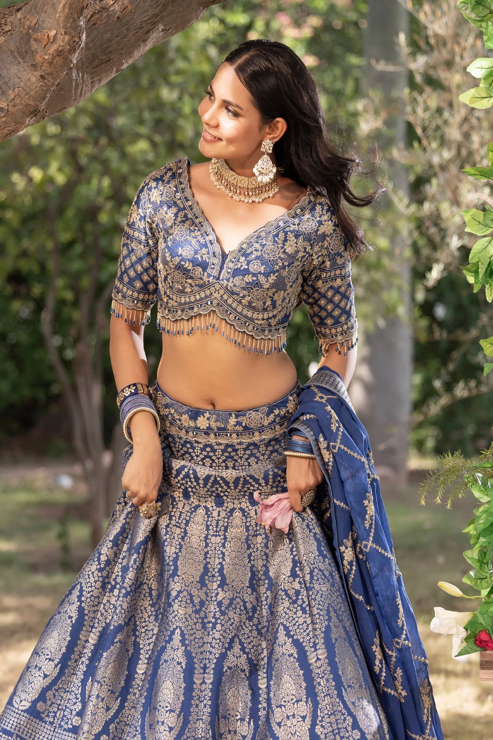 Royal Blue Embellished Banarasi Silk Lehenga Set - Image 2