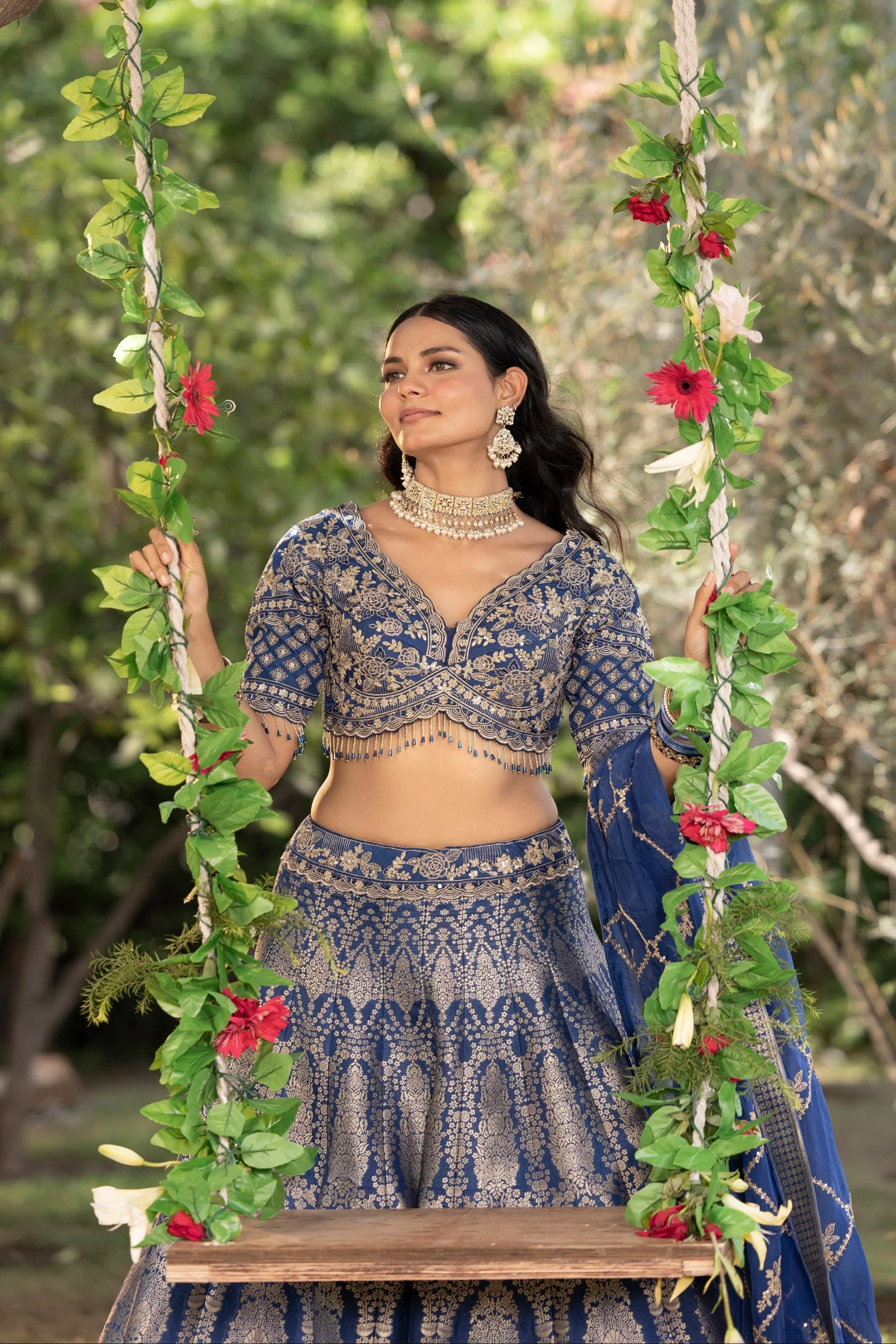 Royal Blue Embellished Banarasi Silk Lehenga Set - Image 3