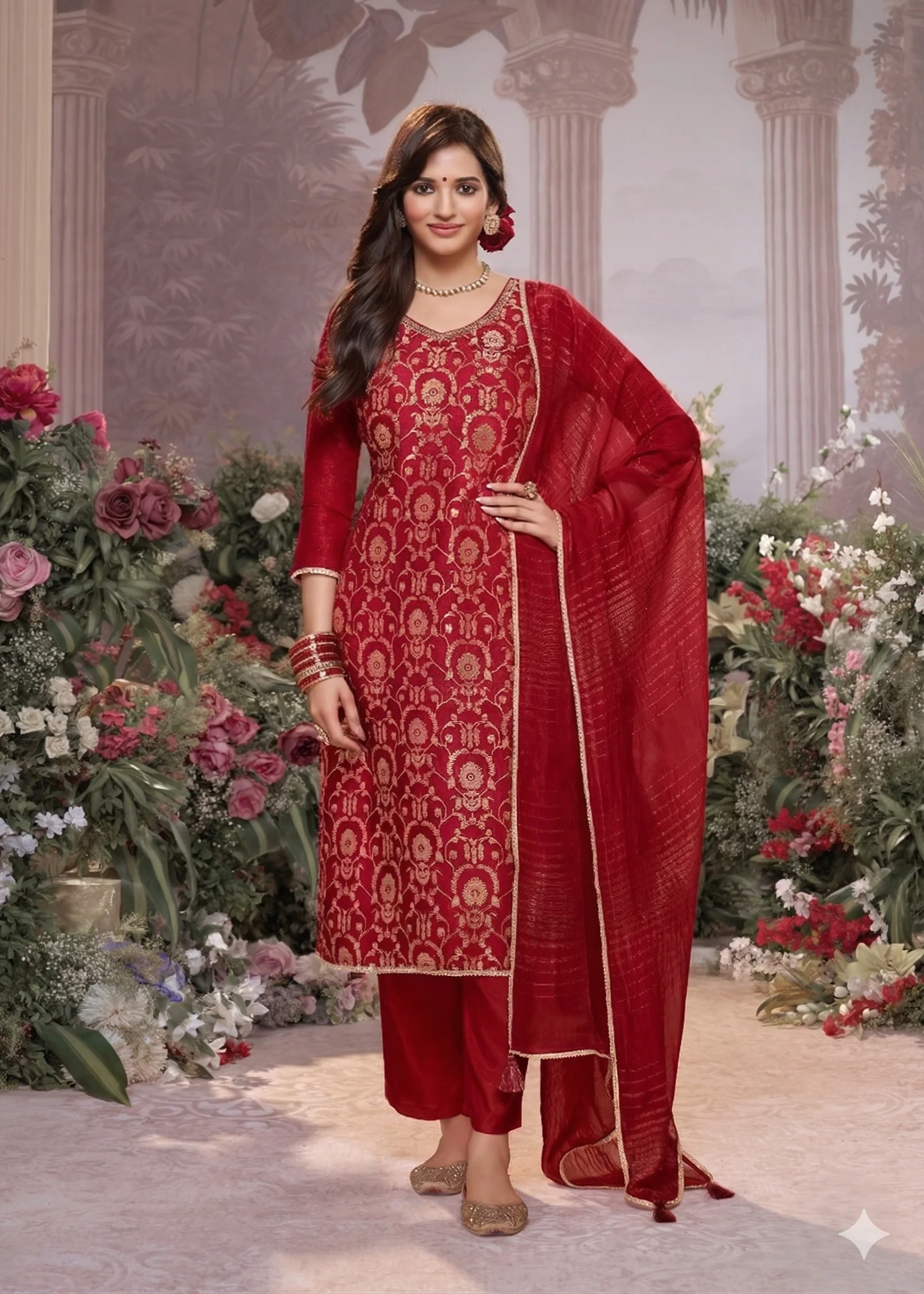 Hot Red Embellished Brocade Silk Pant Set
