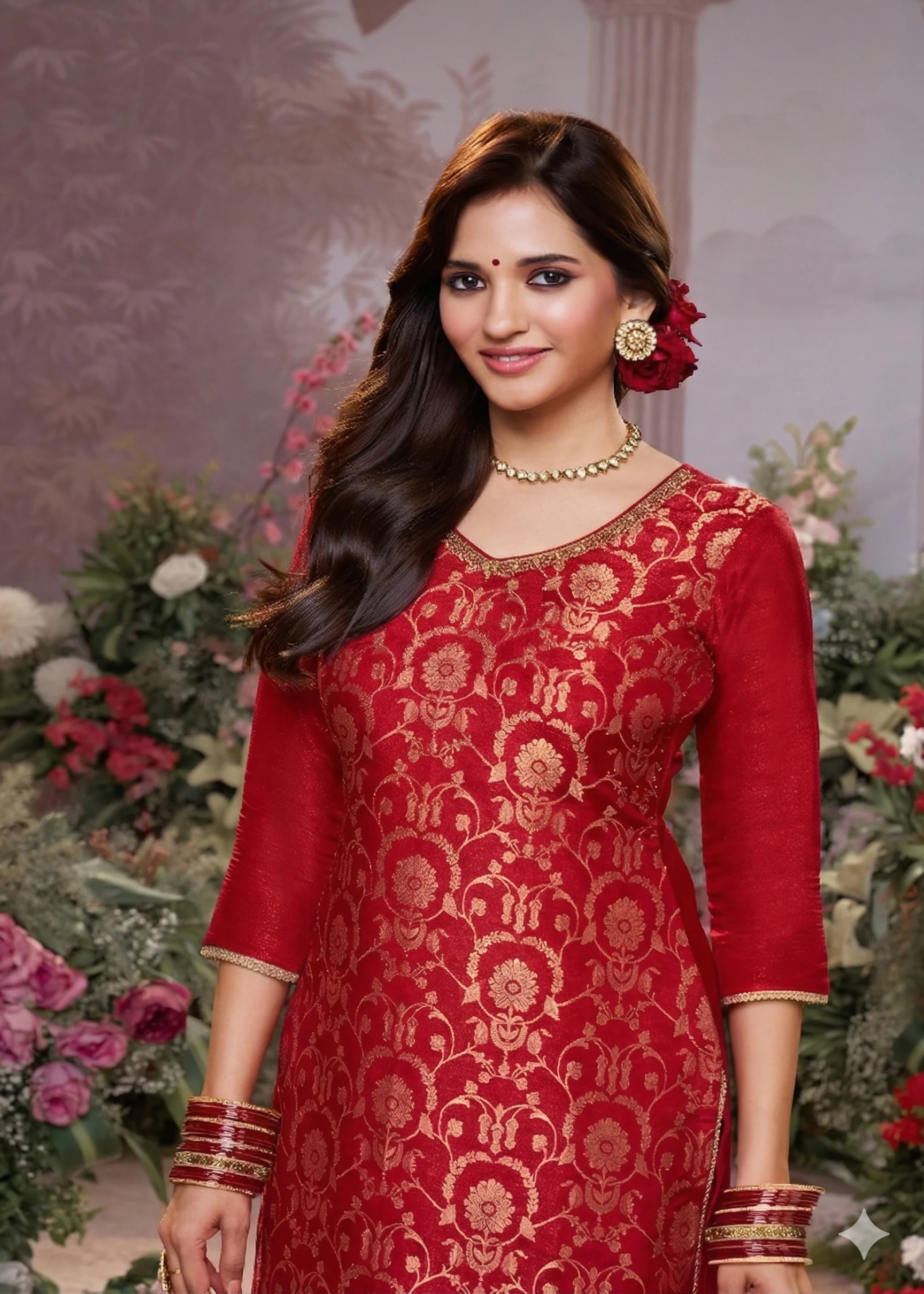 Hot Red Embellished Brocade Silk Pant Set - Image 3