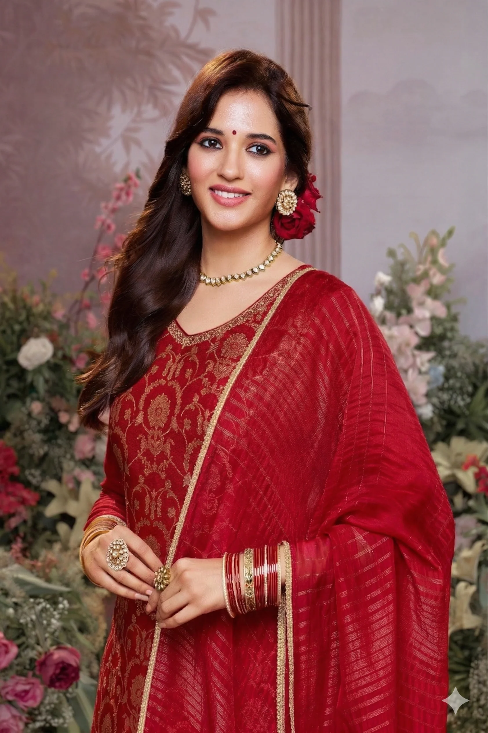 Hot Red Embellished Brocade Silk Pant Set - Image 4
