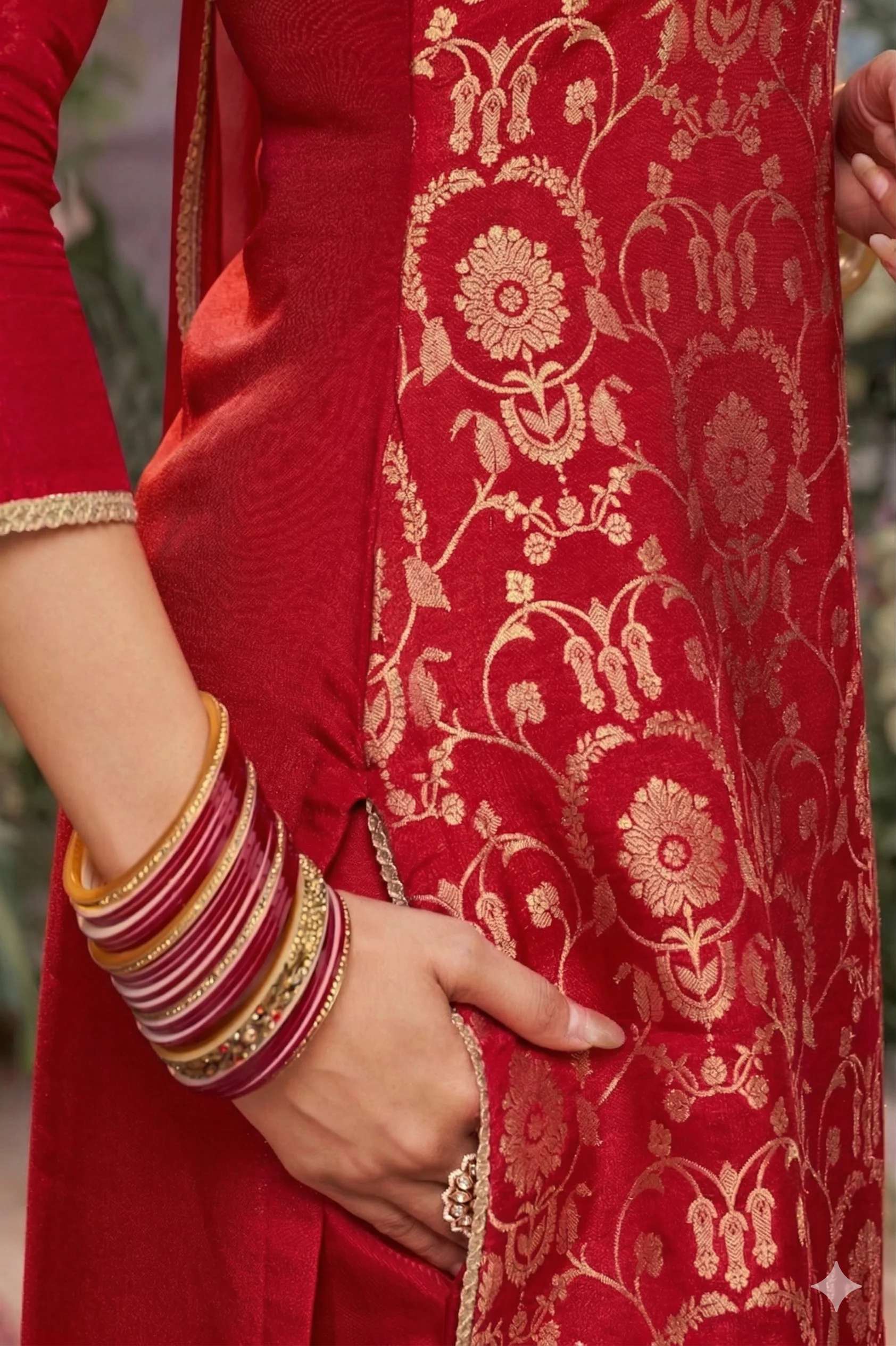 Hot Red Embellished Brocade Silk Pant Set - Image 5