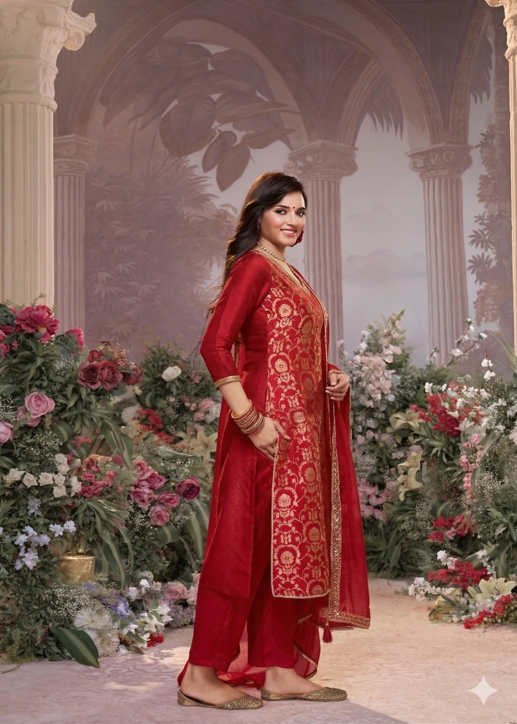 Hot Red Embellished Brocade Silk Pant Set - Image 6