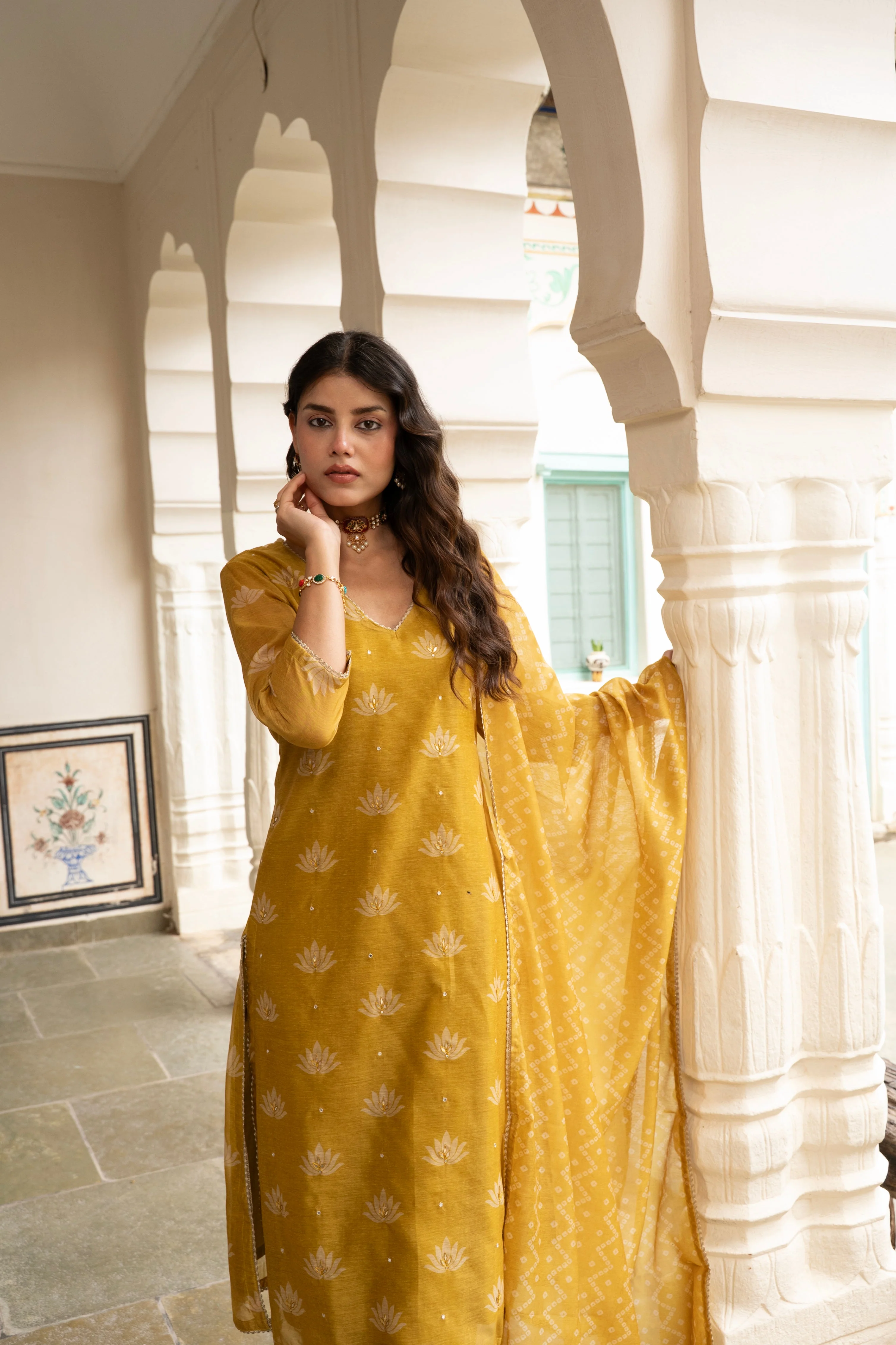 Mustard Embellished Chanderi Silk Pant Set - Image 3