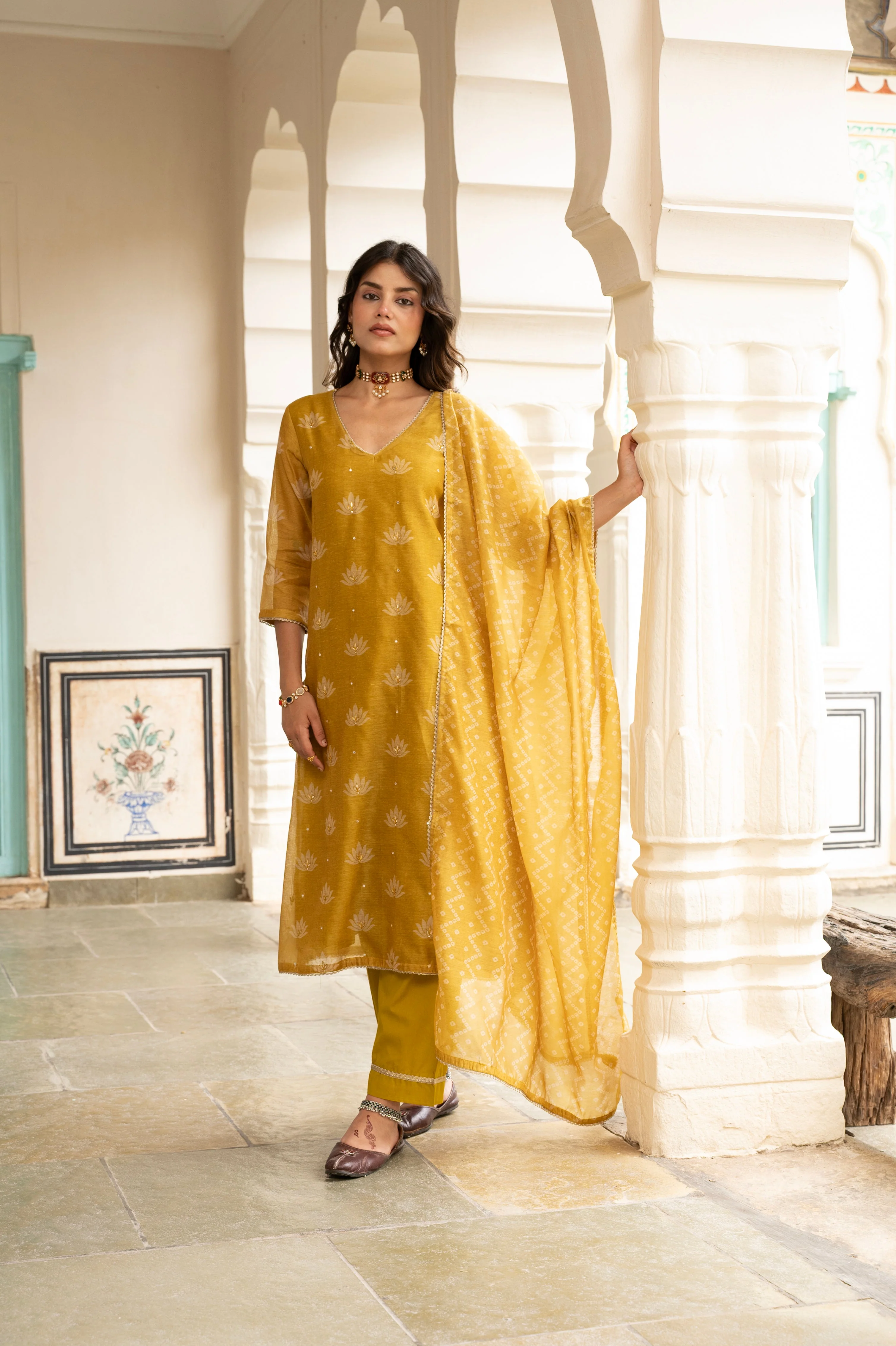 Mustard Embellished Chanderi Silk Pant Set - Image 4