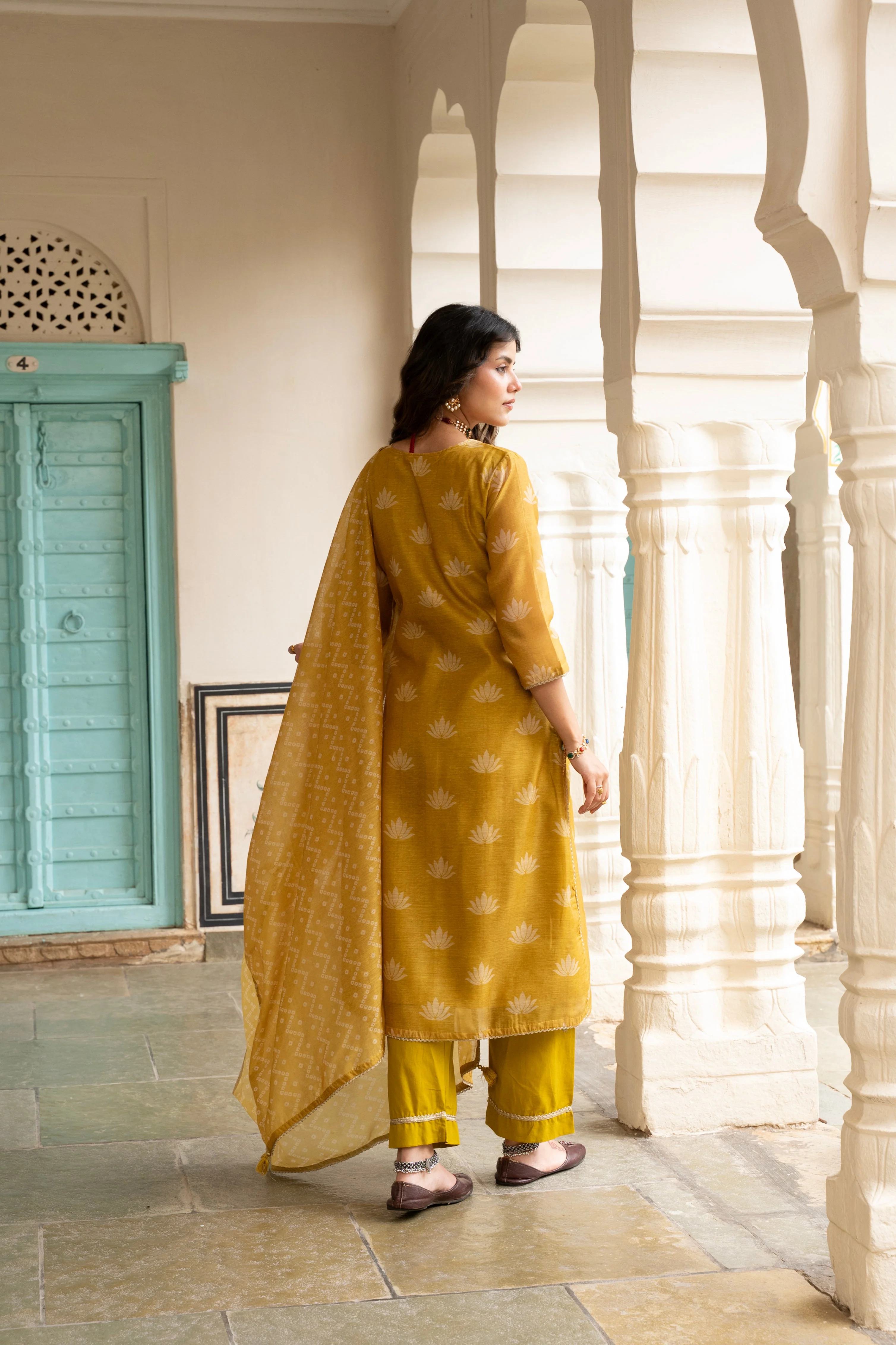 Mustard Embellished Chanderi Silk Pant Set - Image 5