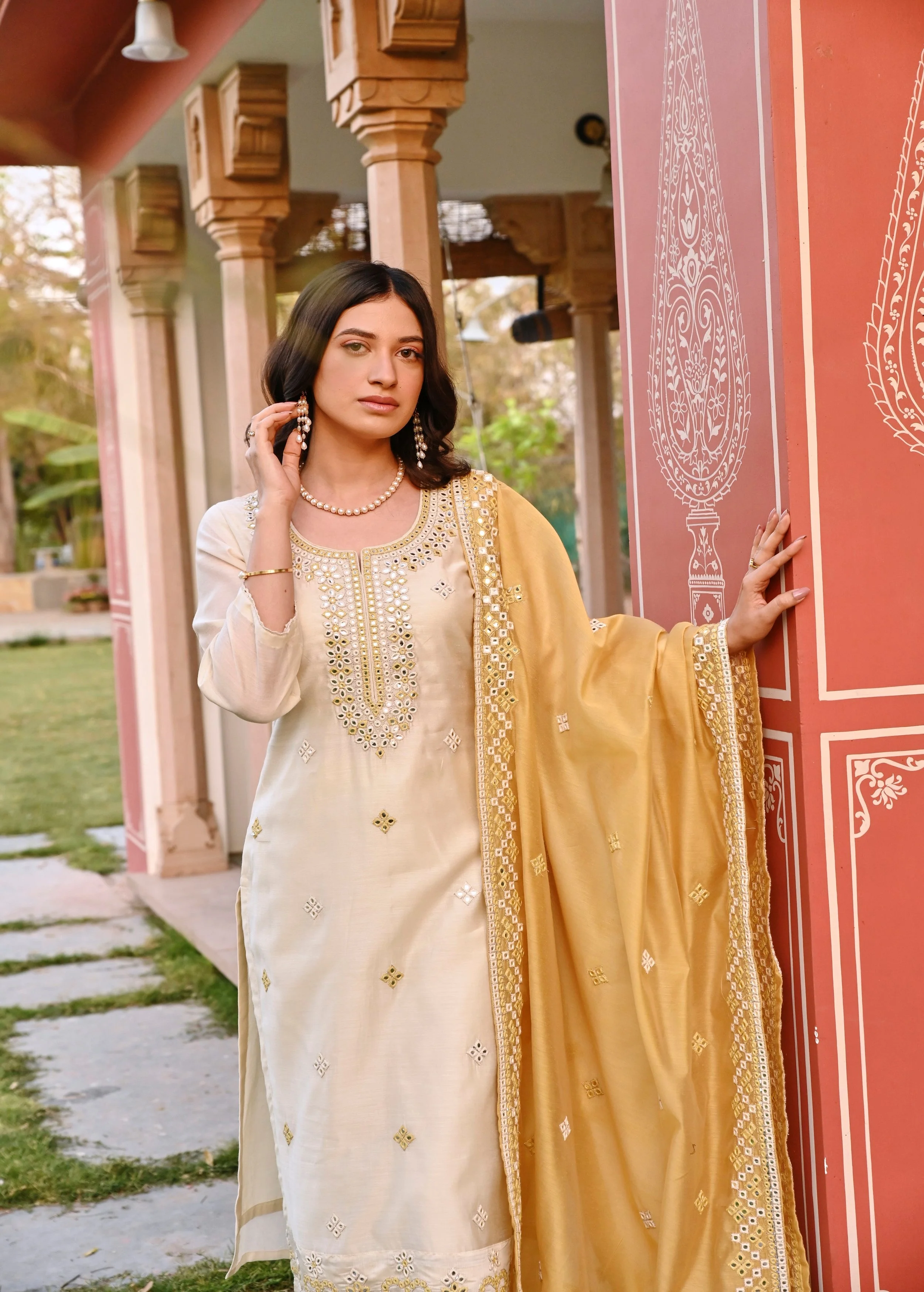 Pearl White Embellished Chanderi Silk Pant Set - Image 3