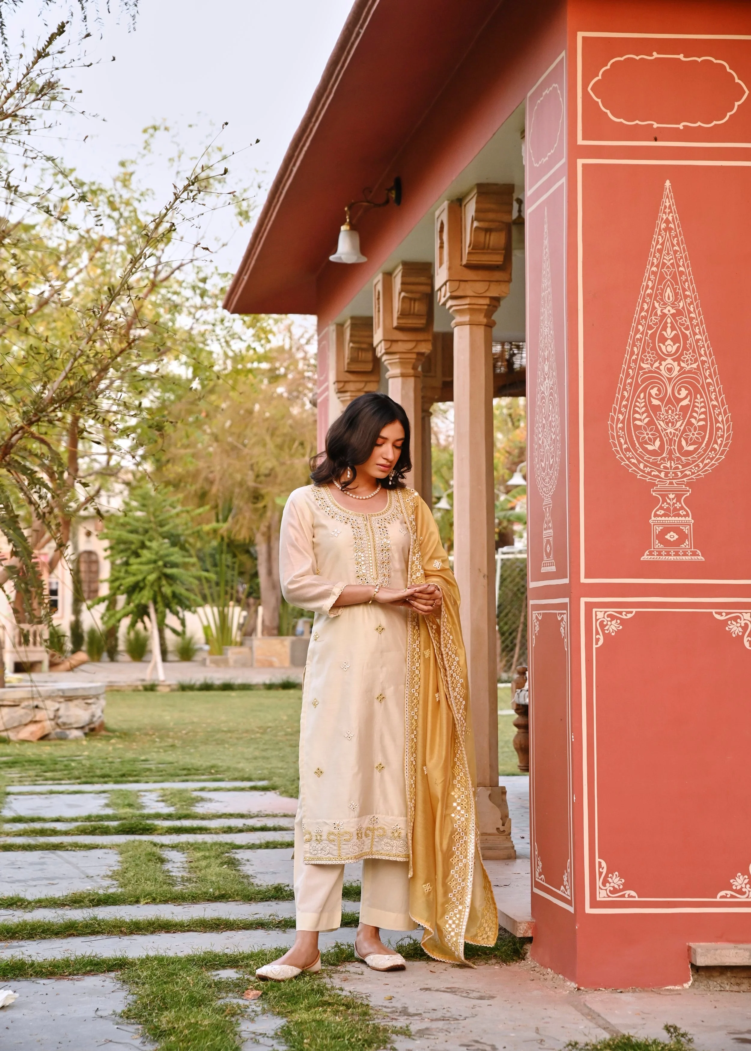 Pearl White Embellished Chanderi Silk Pant Set - Image 4