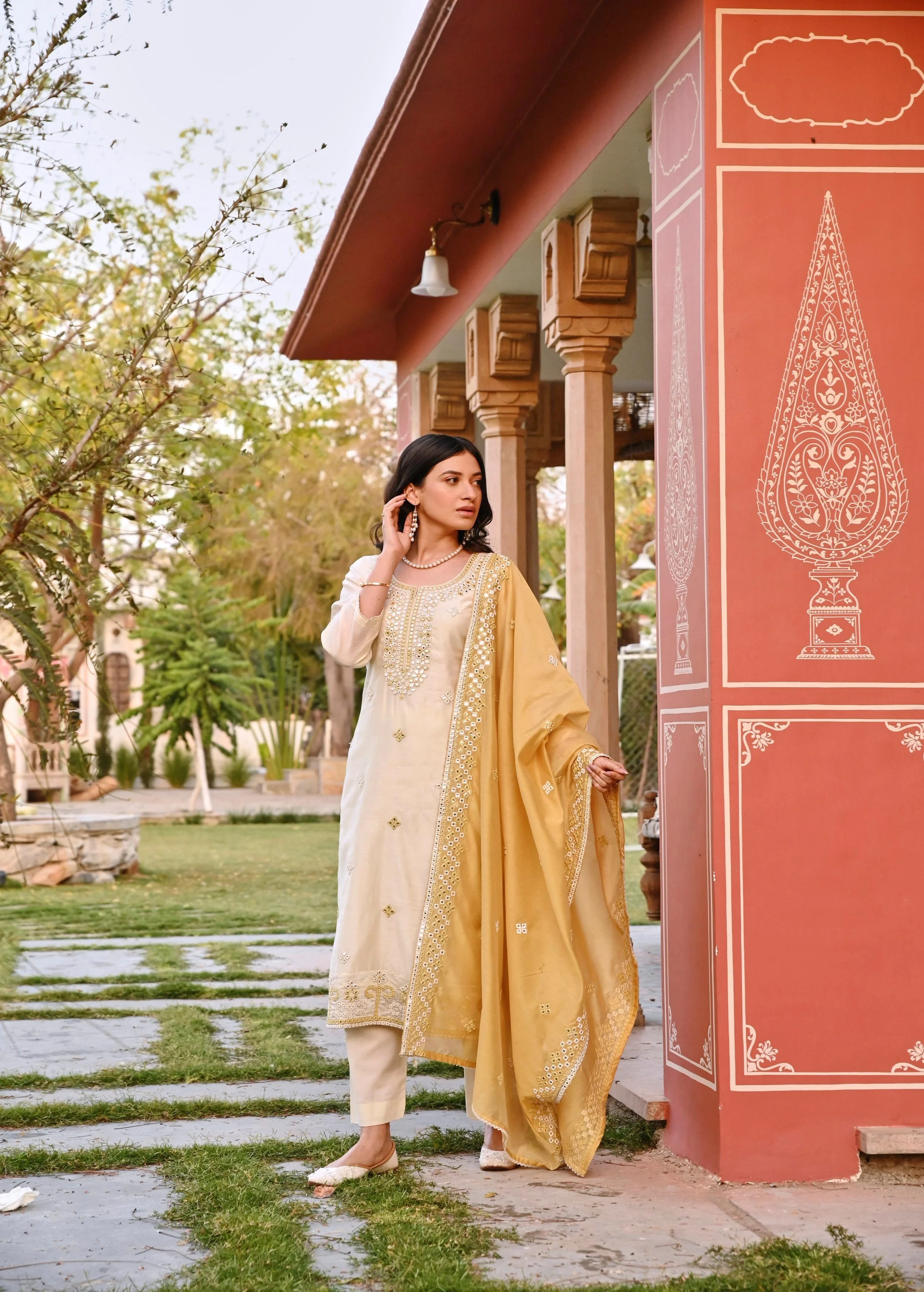 Pearl White Embellished Chanderi Silk Pant Set - Image 5