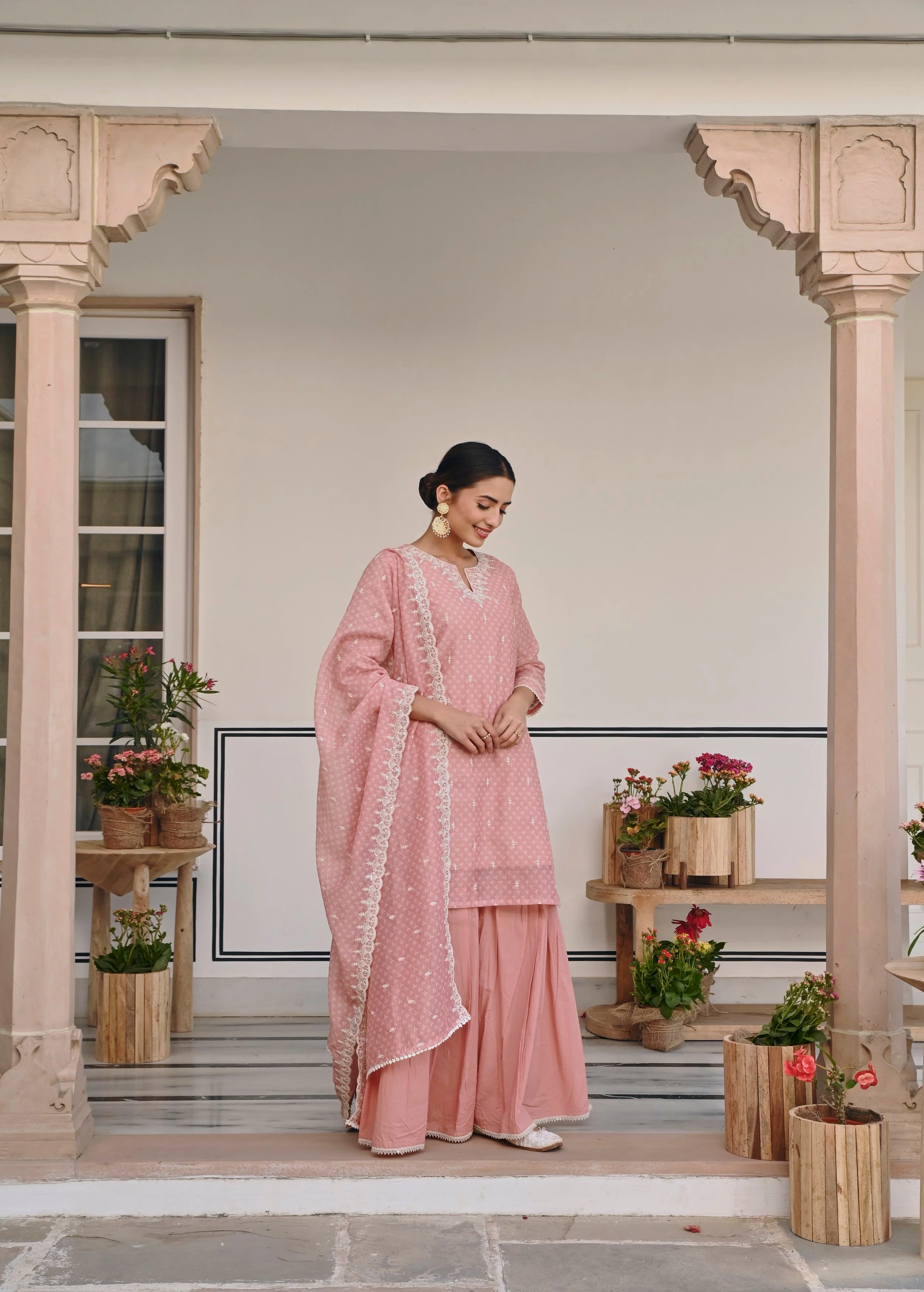 Peach Embroidered Chanderi Silk Sharara Set - Image 3