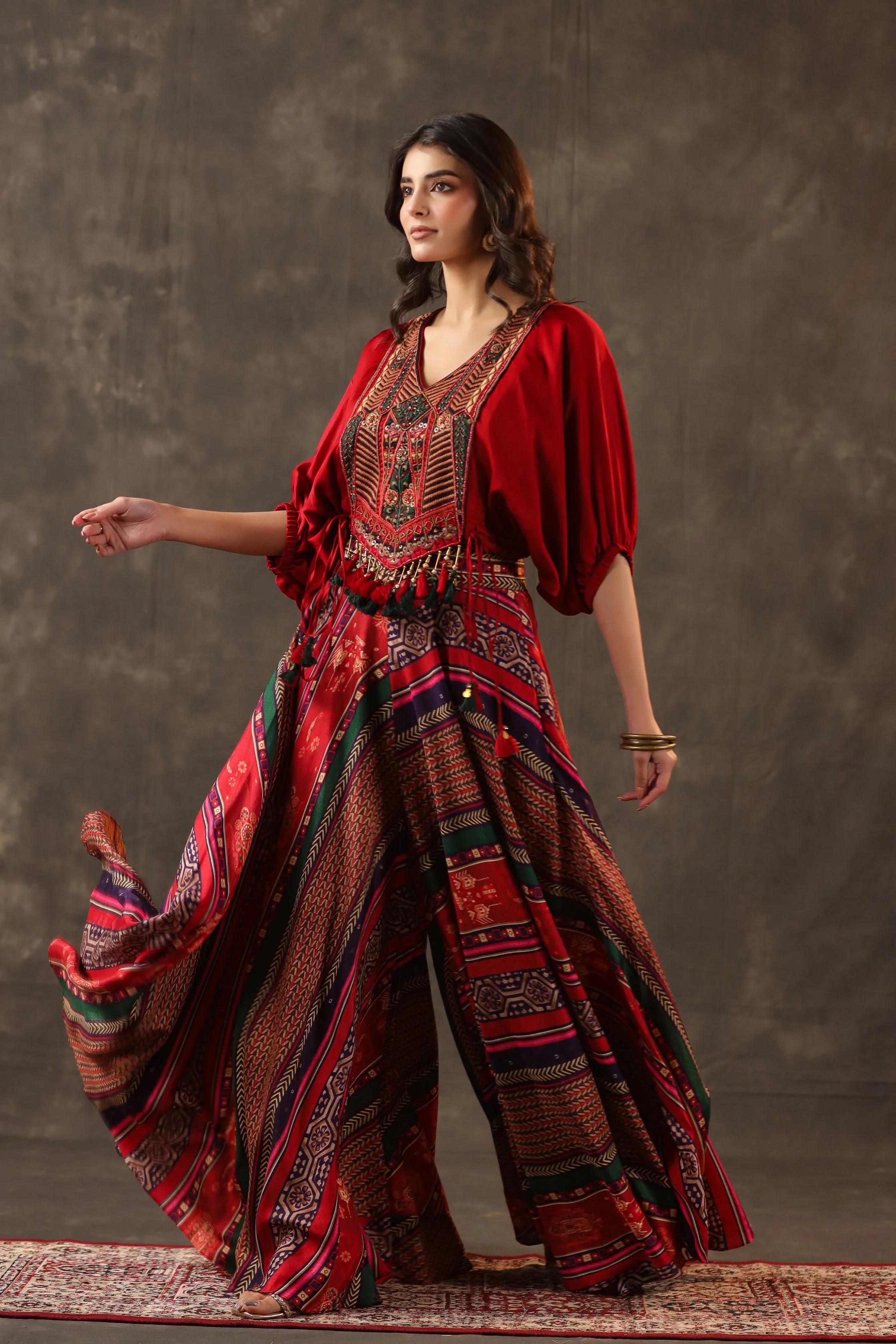 Ruby Red Embellished Crepe Silk Palazzo Set - Image 2