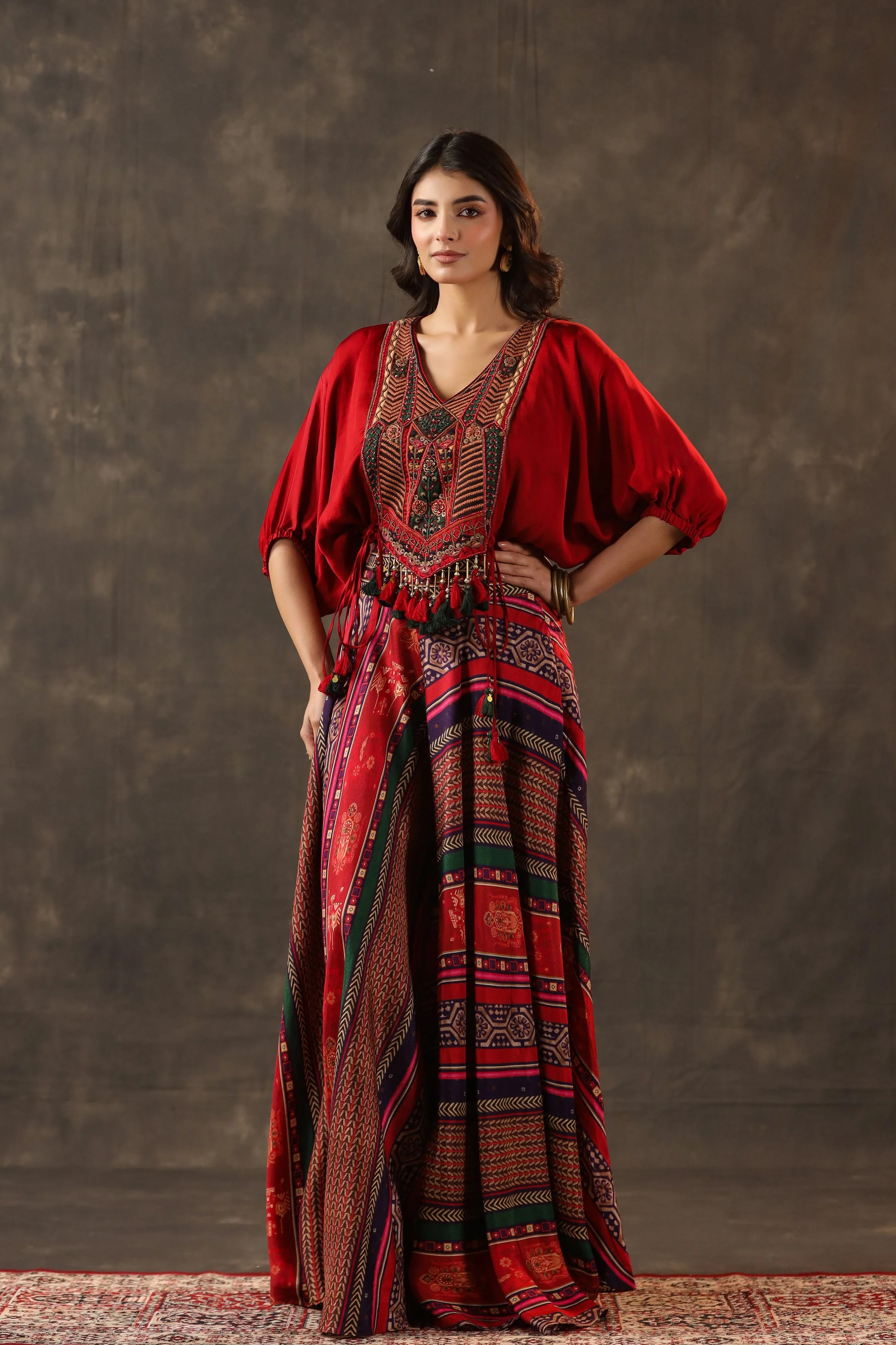 Ruby Red Embellished Crepe Silk Palazzo Set - Image 3